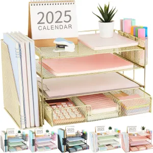 Gianotter Paper Letter Tray Organizer with File Holder, 4-Tier Desk Accessories & Workspace Organizer with Drawer and 2 Pen Holders