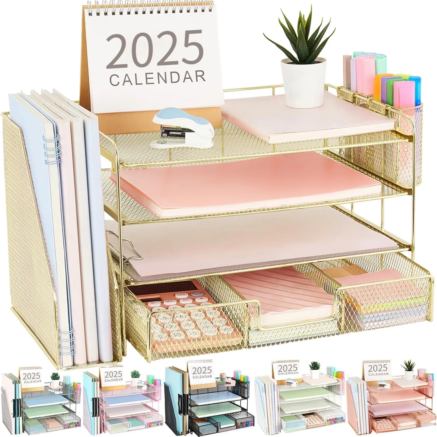 Gianotter Paper Letter Tray Organizer with File Holder, 4-Tier Desk Accessories & Workspace Organizer with Drawer and 2 Pen Holders
