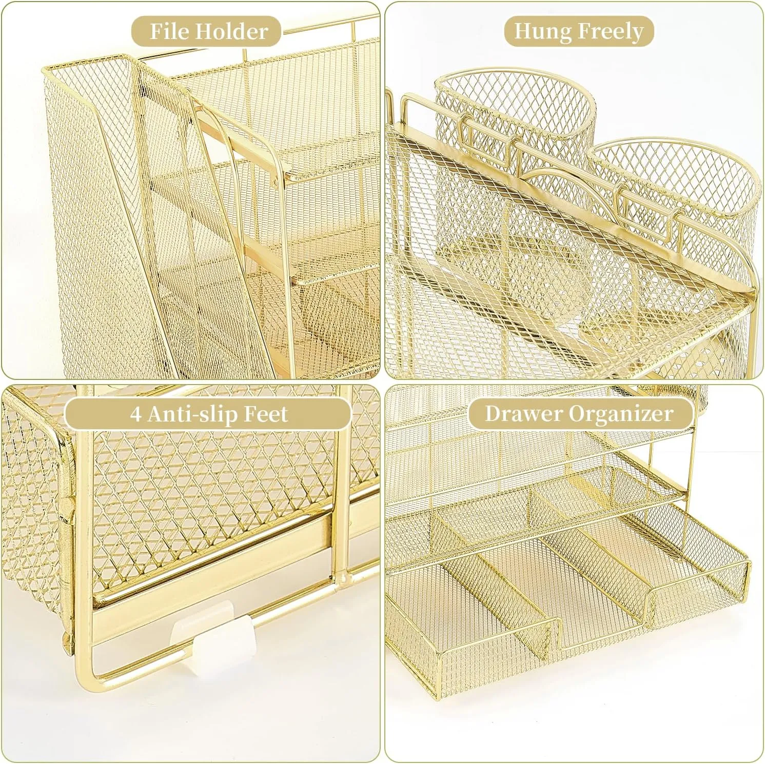 Gianotter Paper Letter Tray Organizer with File Holder, 4-Tier Desk Accessories & Workspace Organizer with Drawer and 2 Pen Holders