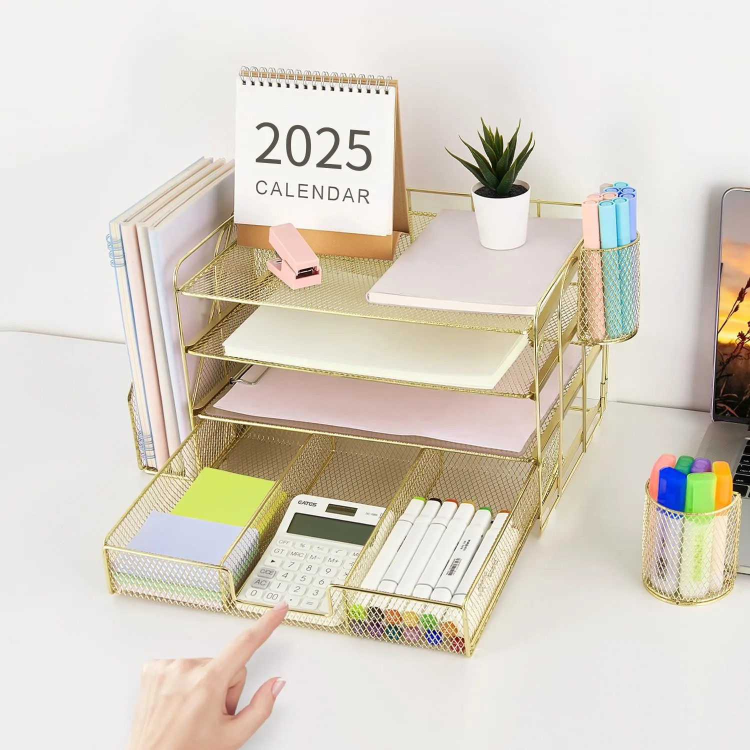Gianotter Paper Letter Tray Organizer with File Holder, 4-Tier Desk Accessories & Workspace Organizer with Drawer and 2 Pen Holders