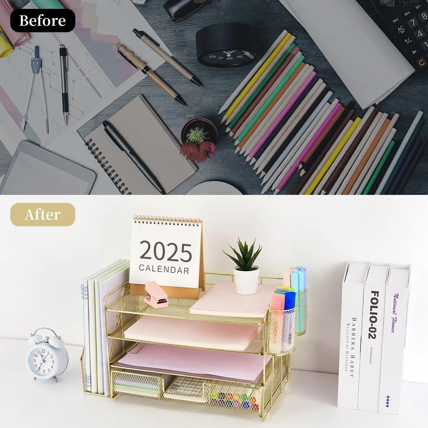 Gianotter Paper Letter Tray Organizer with File Holder, 4-Tier Desk Accessories & Workspace Organizer with Drawer and 2 Pen Holders