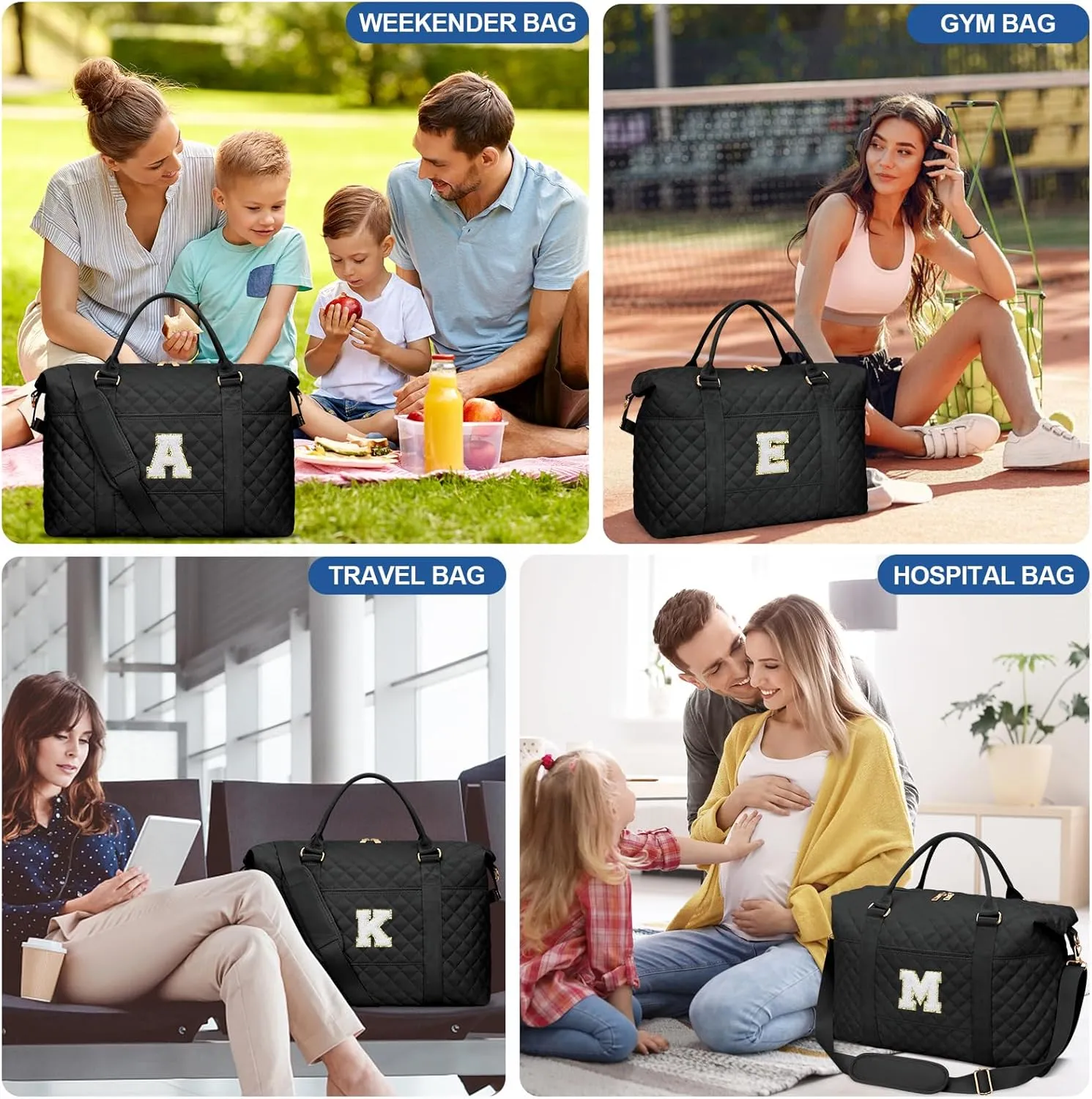 Gift for Women, Initial Travel Duffel ＆ Weekender Bag for Girls, Personalized Carry On Overnight Bag with Makeup Pouch for Gym Hospital(Black,K)