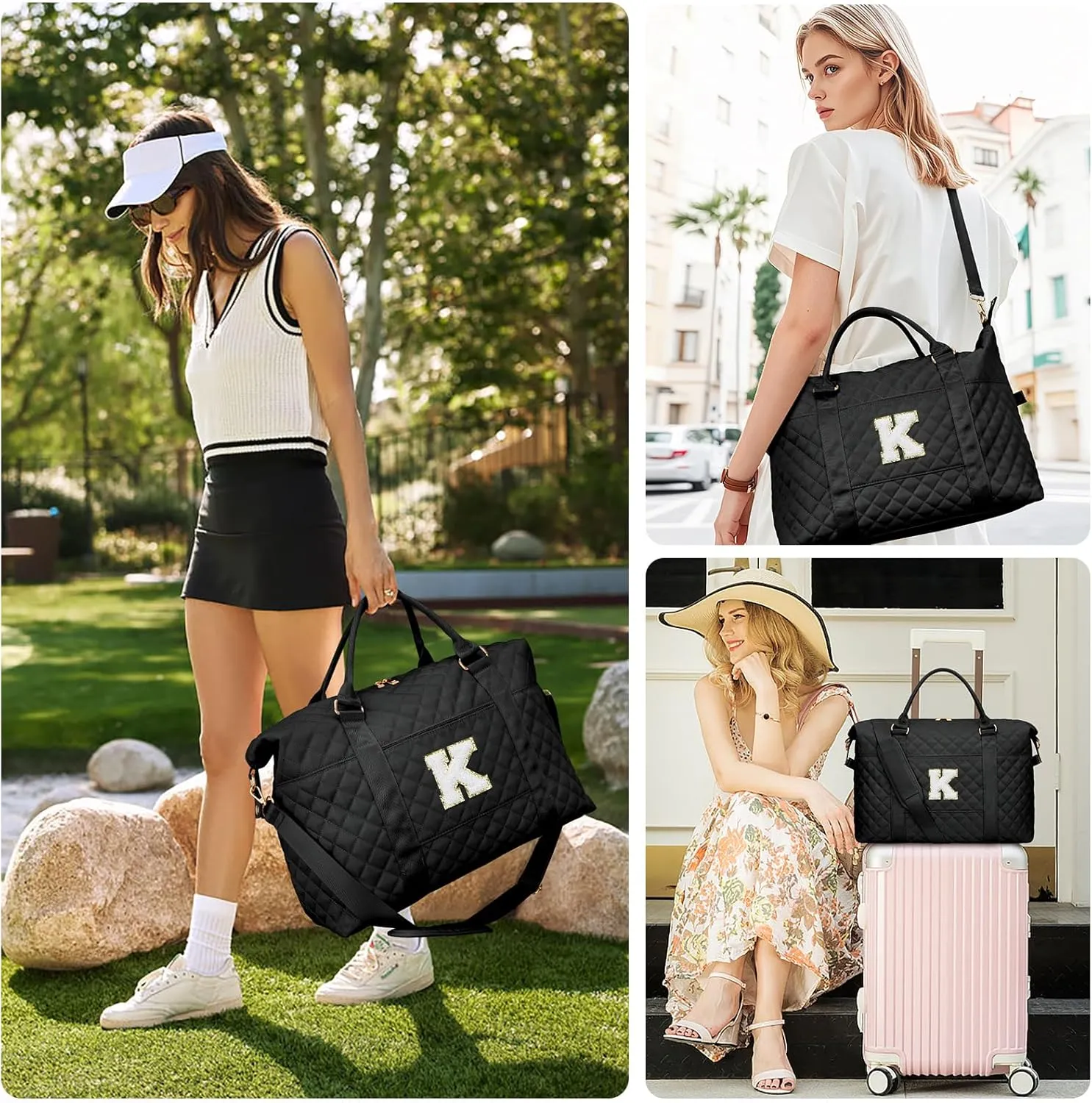 Gift for Women, Initial Travel Duffel ＆ Weekender Bag for Girls, Personalized Carry On Overnight Bag with Makeup Pouch for Gym Hospital(Black,K)