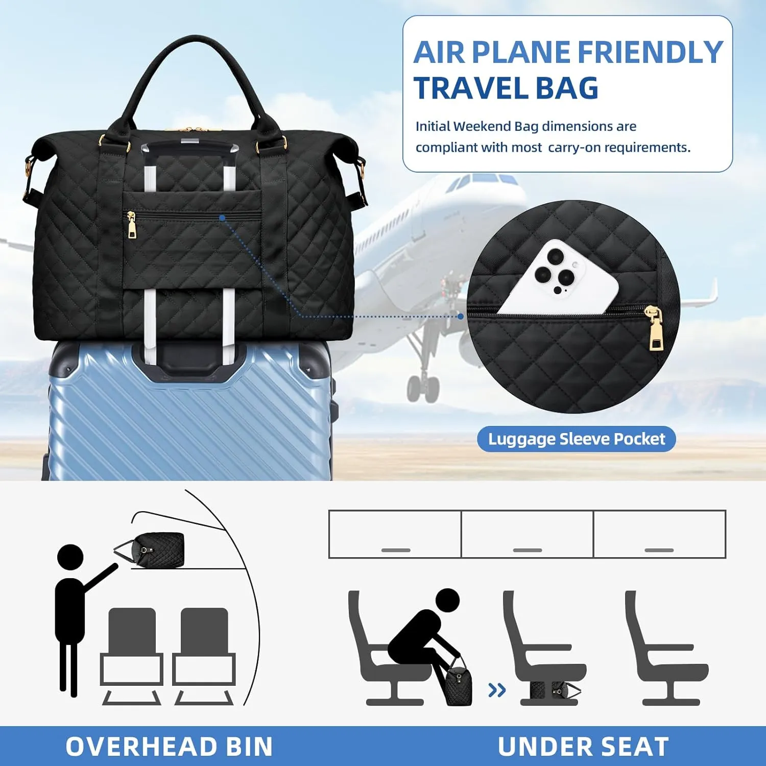 Gift for Women, Initial Travel Duffel ＆ Weekender Bag for Girls, Personalized Carry On Overnight Bag with Makeup Pouch for Gym Hospital(Black,K)