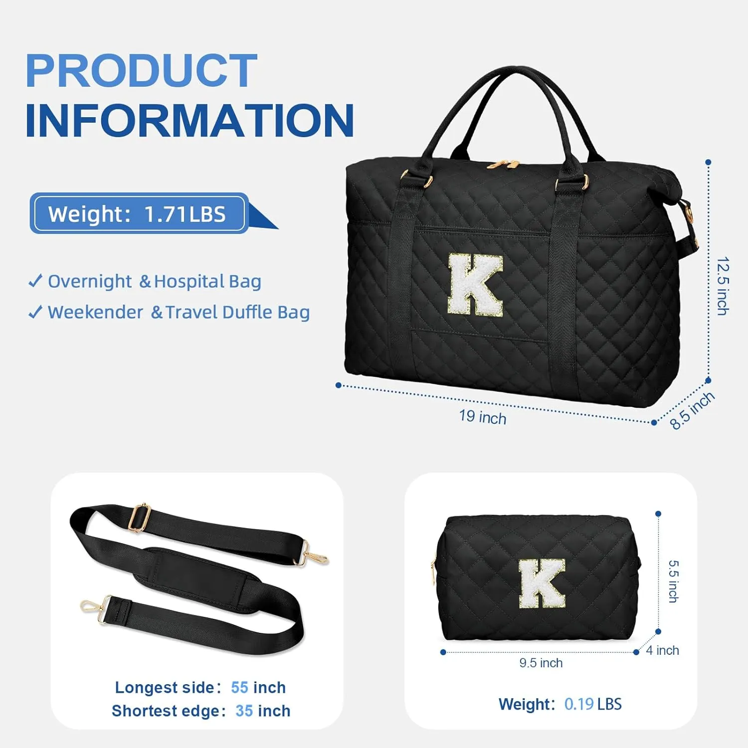 Gift for Women, Initial Travel Duffel ＆ Weekender Bag for Girls, Personalized Carry On Overnight Bag with Makeup Pouch for Gym Hospital(Black,K)