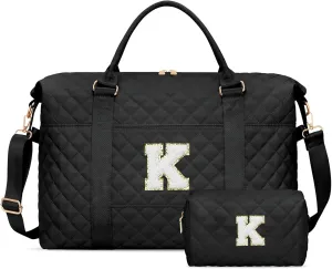Gift for Women, Initial Travel Duffel ＆ Weekender Bag for Girls, Personalized Carry On Overnight Bag with Makeup Pouch for Gym Hospital(Black,K)
