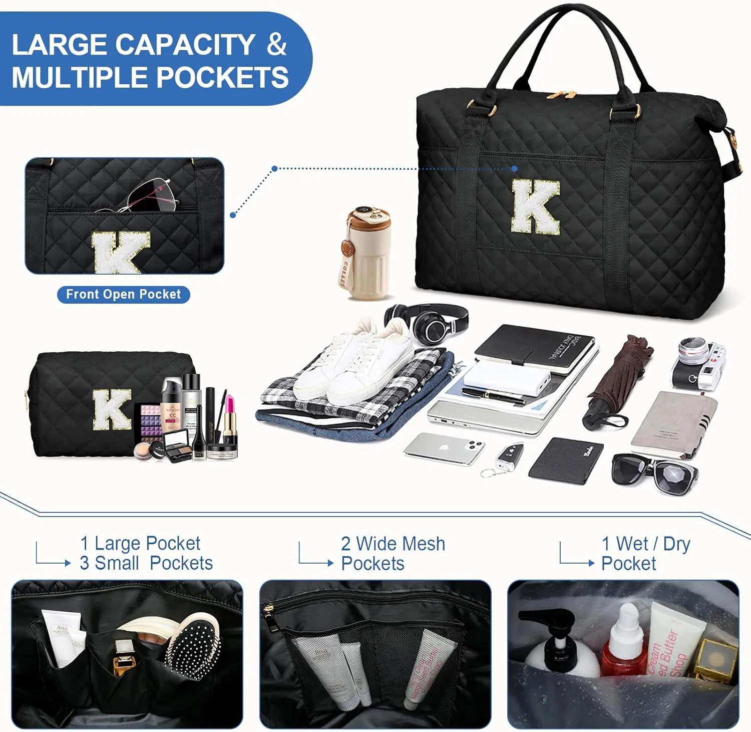 Gift for Women, Initial Travel Duffel ＆ Weekender Bag for Girls, Personalized Carry On Overnight Bag with Makeup Pouch for Gym Hospital(Black,K)
