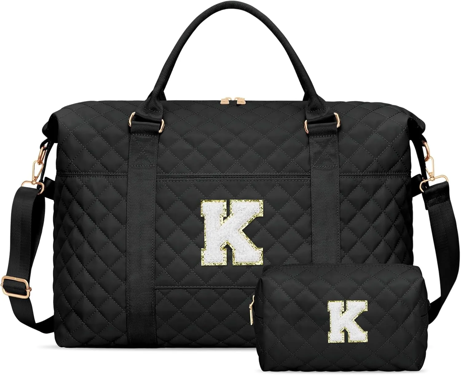 Gift for Women, Initial Travel Duffel ＆ Weekender Bag for Girls, Personalized Carry On Overnight Bag with Makeup Pouch for Gym Hospital(Black,K)