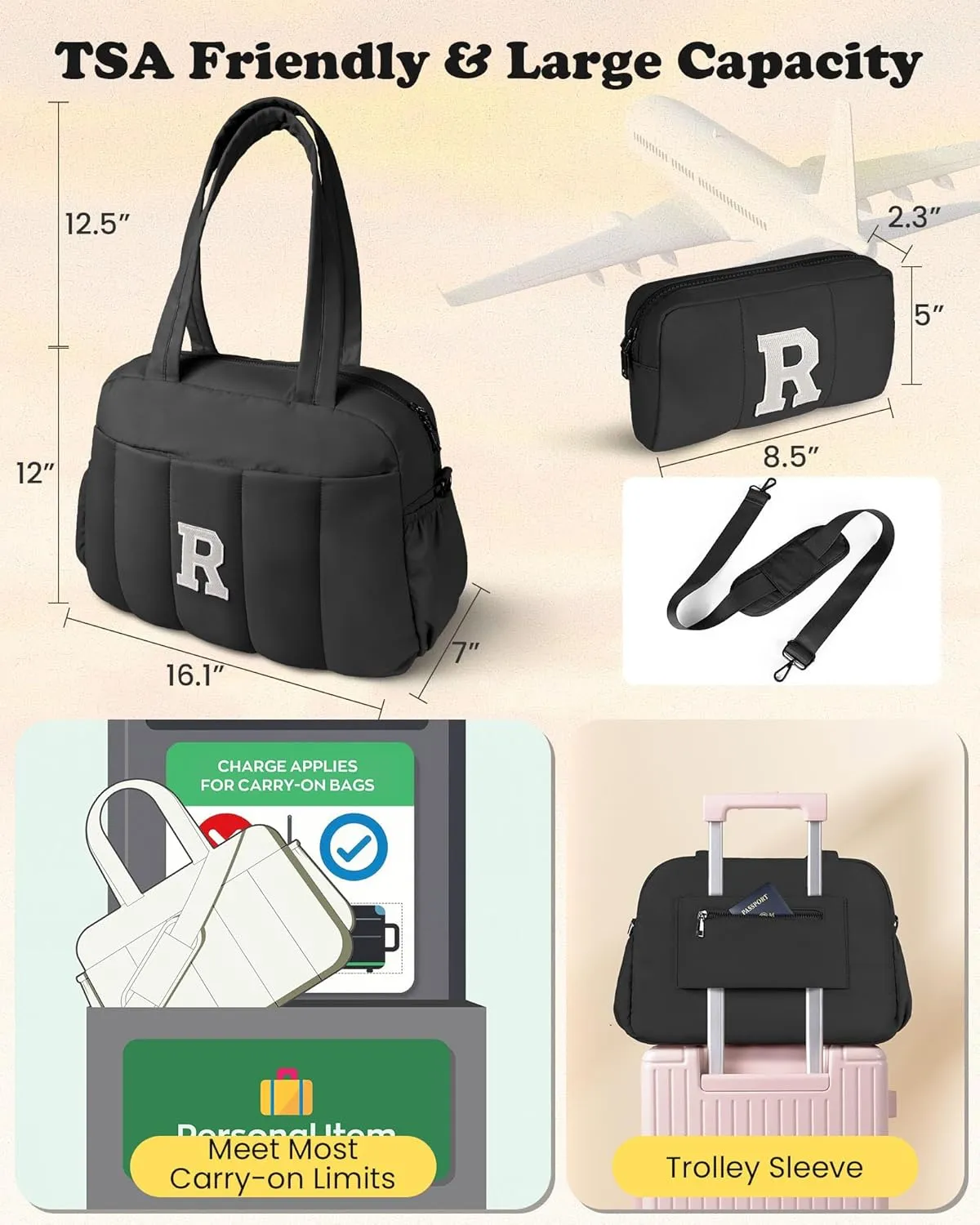 Gifts for Young Women, Initial Lightweight Duffel Bag, Personalized Weekender Bag, Monogram Overnight Bag for Women, Kids Travel Bag with Makeup Bag, Gifts for Teen Girls (Letter Y)