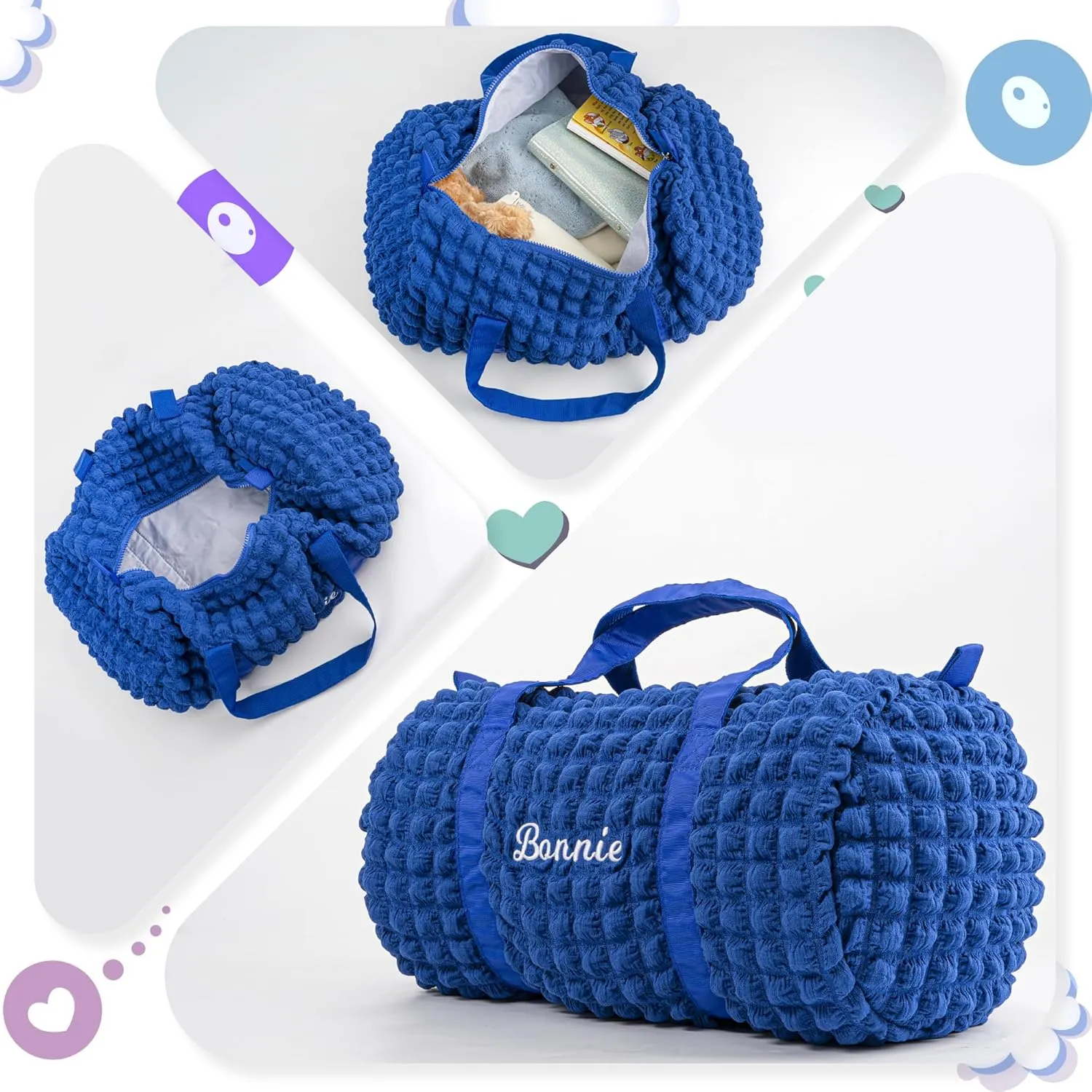 Girls Duffle Bag Personalized Overnight Bag for Girls Seersucker Dance Ballet Bag for Little Girls Custom Small Kids Duffle Bag Toddler Daycare Bag for Weekend Overnight Travel (Blue)
