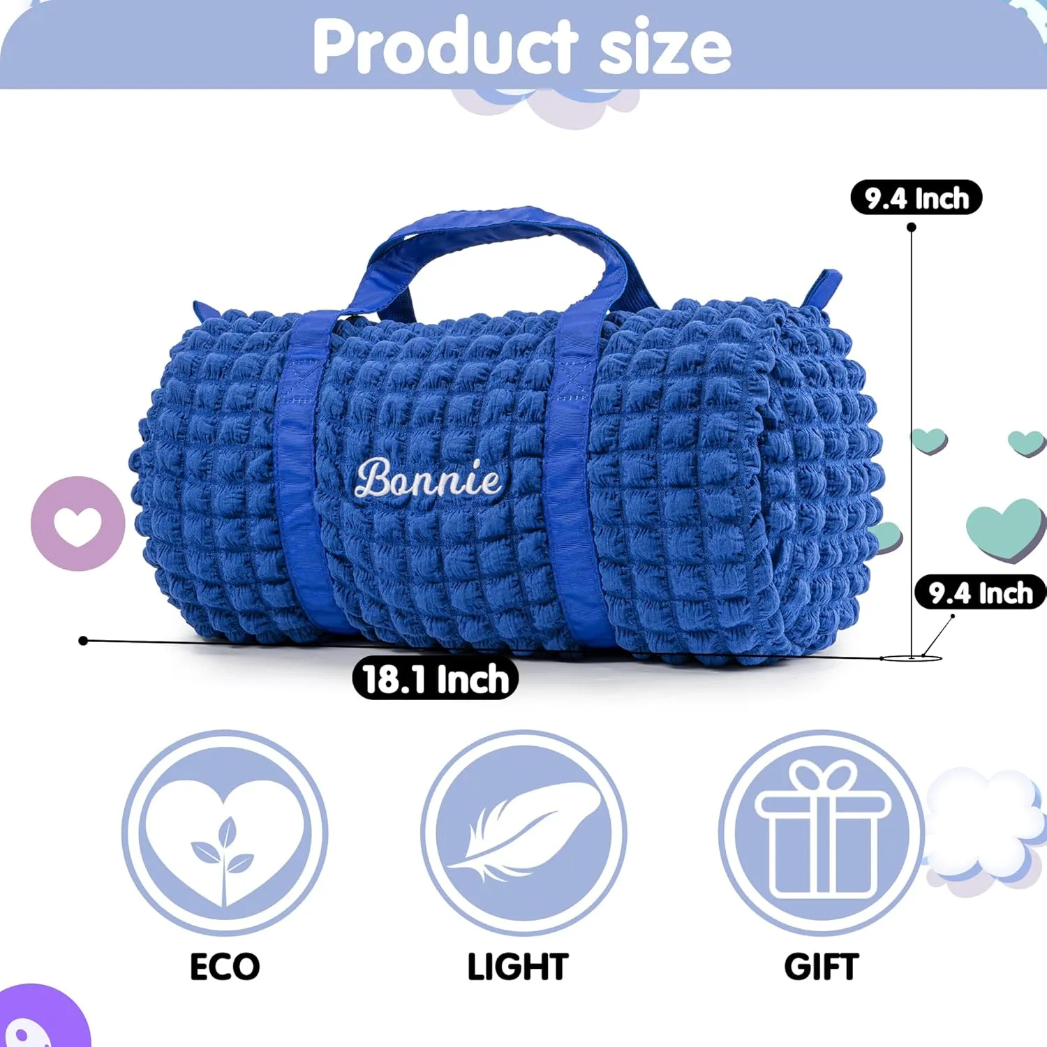 Girls Duffle Bag Personalized Overnight Bag for Girls Seersucker Dance Ballet Bag for Little Girls Custom Small Kids Duffle Bag Toddler Daycare Bag for Weekend Overnight Travel (Blue)