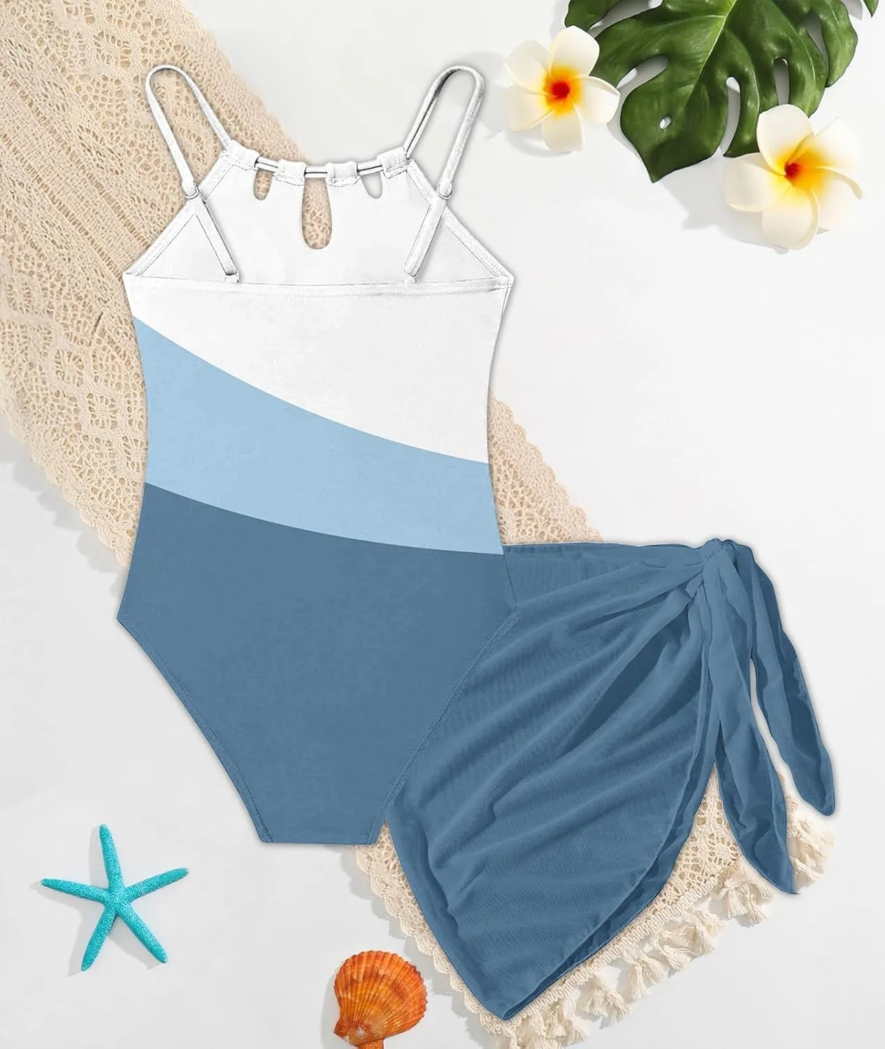 Girls Swimsiut One-Piece Bathing Suit with Mesh Cover Ups Adjustable Straps Cut Out Swimwear Size 7-16