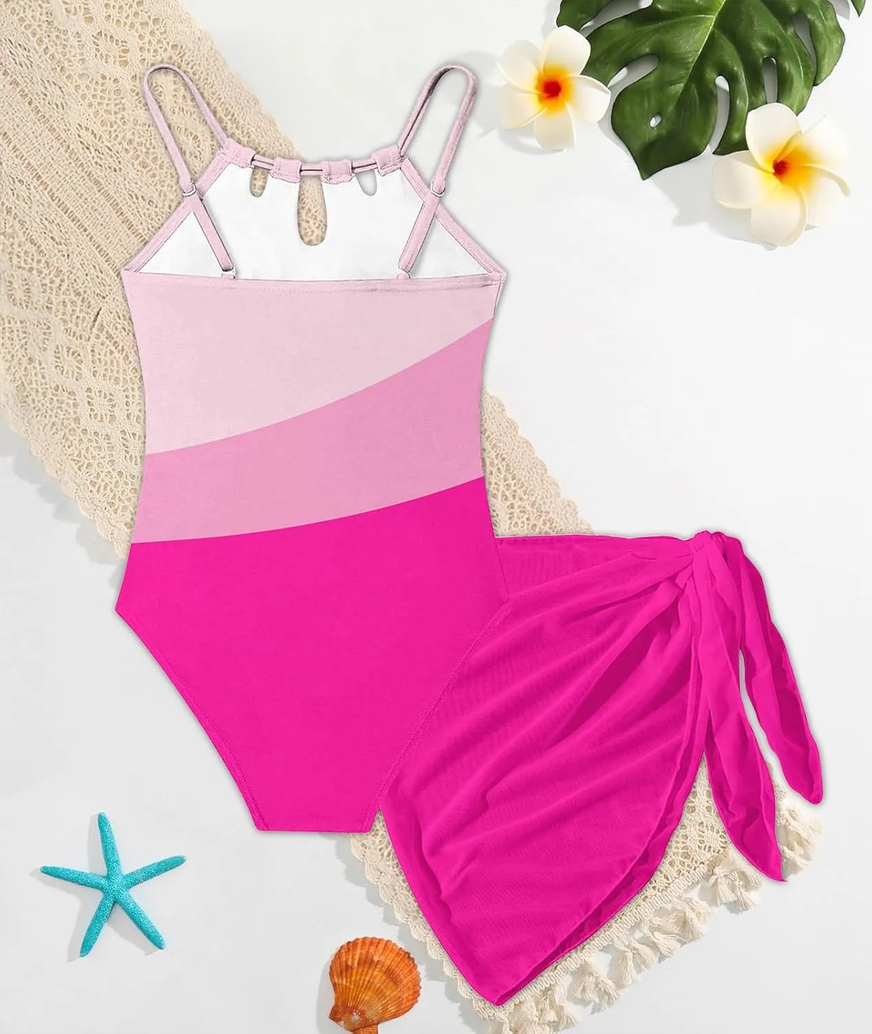 Girls Swimsiut One-Piece Bathing Suit with Mesh Cover Ups Adjustable Straps Cut Out Swimwear Size 7-16