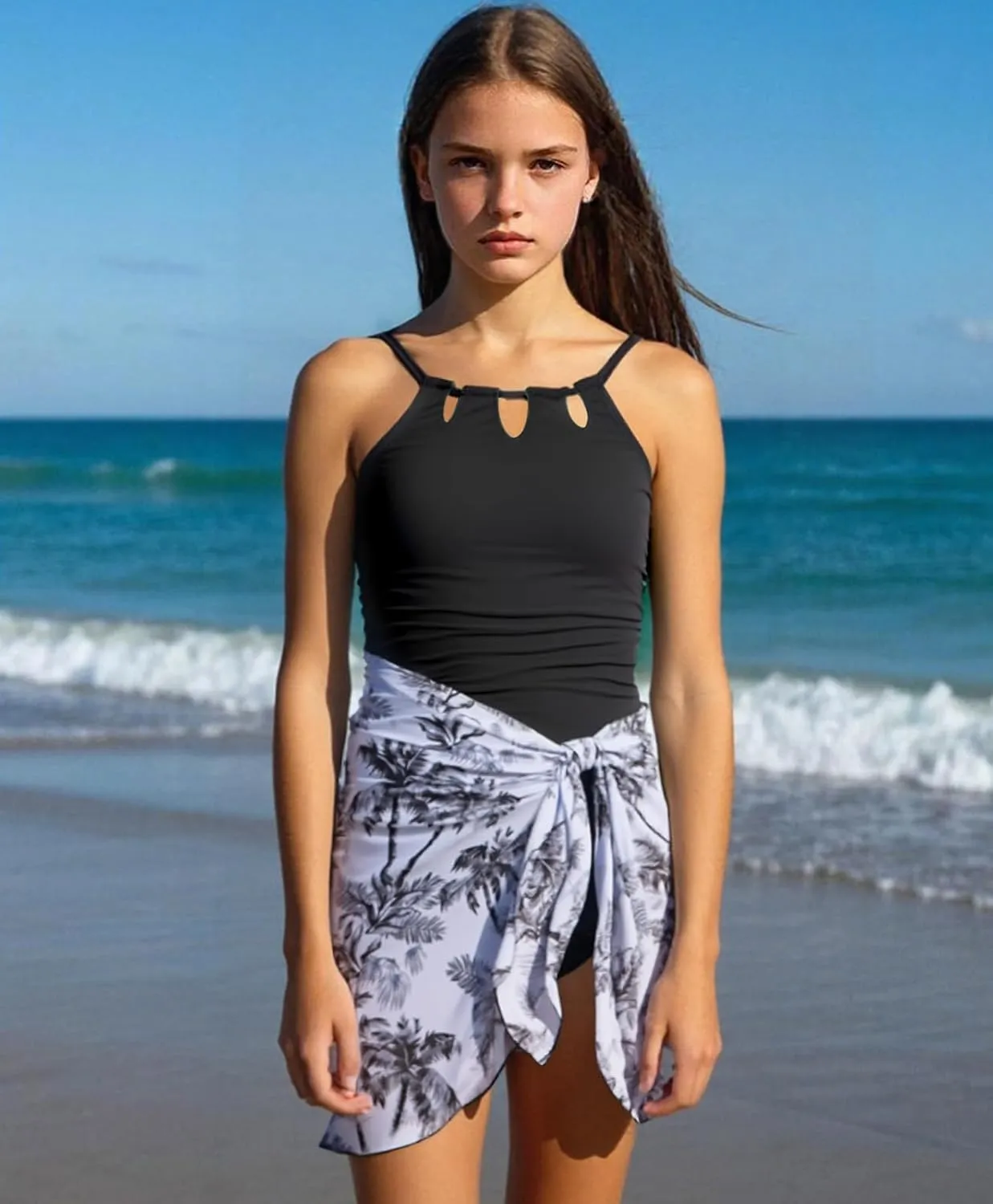 Girls Swimsiut One-Piece Bathing Suit with Mesh Cover Ups Adjustable Straps Cut Out Swimwear Size 7-16