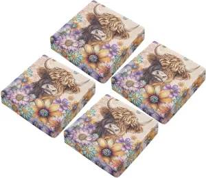 GLENLCWE 4 Pcs Outdoor Chair Cushions Boho Floral Blossoms Highland Cow Patio Furniture Outdoor Seat Cushions Slipcovers Fade Resistant Cushions for Outdoor Furniture