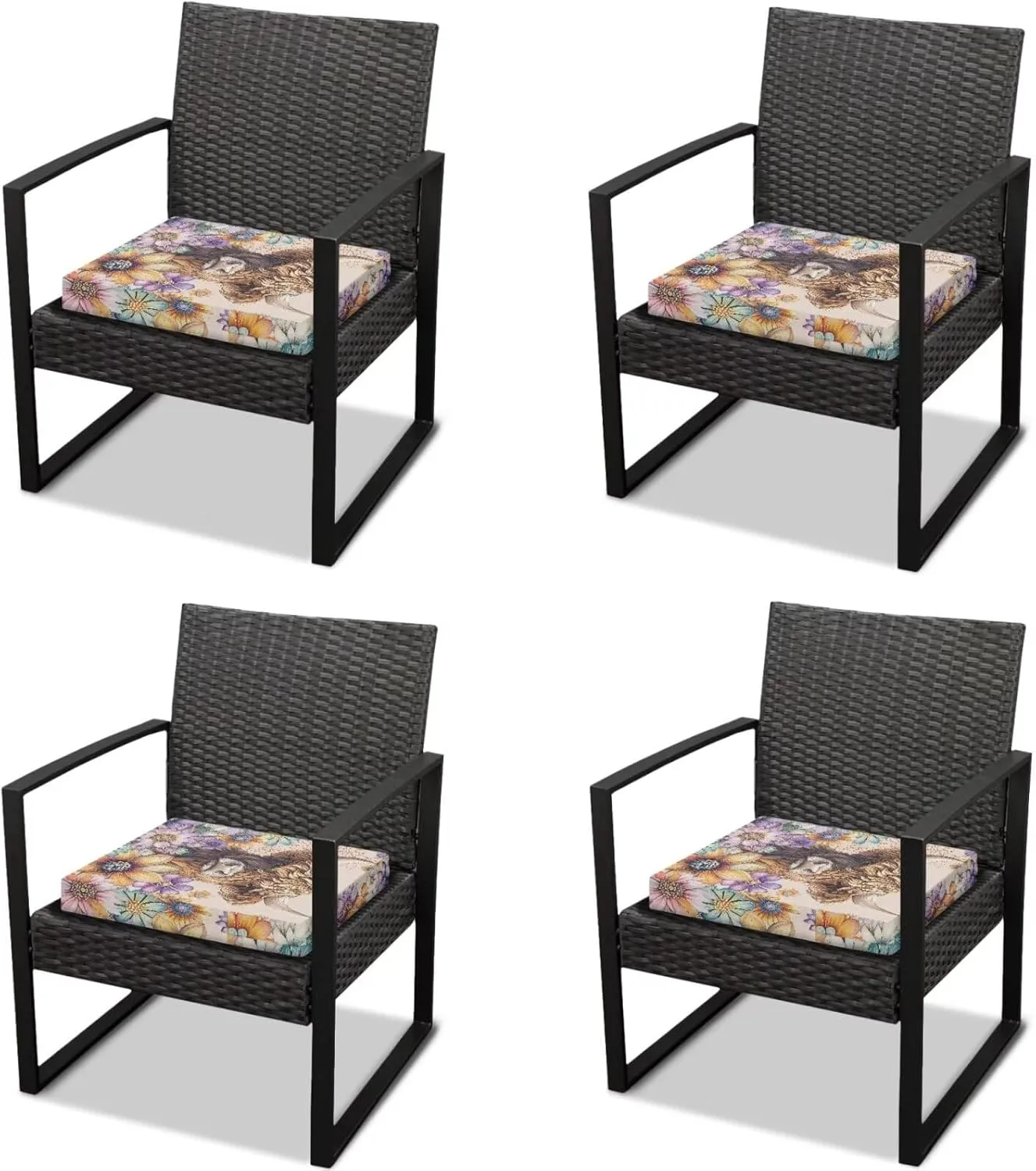 GLENLCWE 4 Pcs Outdoor Chair Cushions Boho Floral Blossoms Highland Cow Patio Furniture Outdoor Seat Cushions Slipcovers Fade Resistant Cushions for Outdoor Furniture