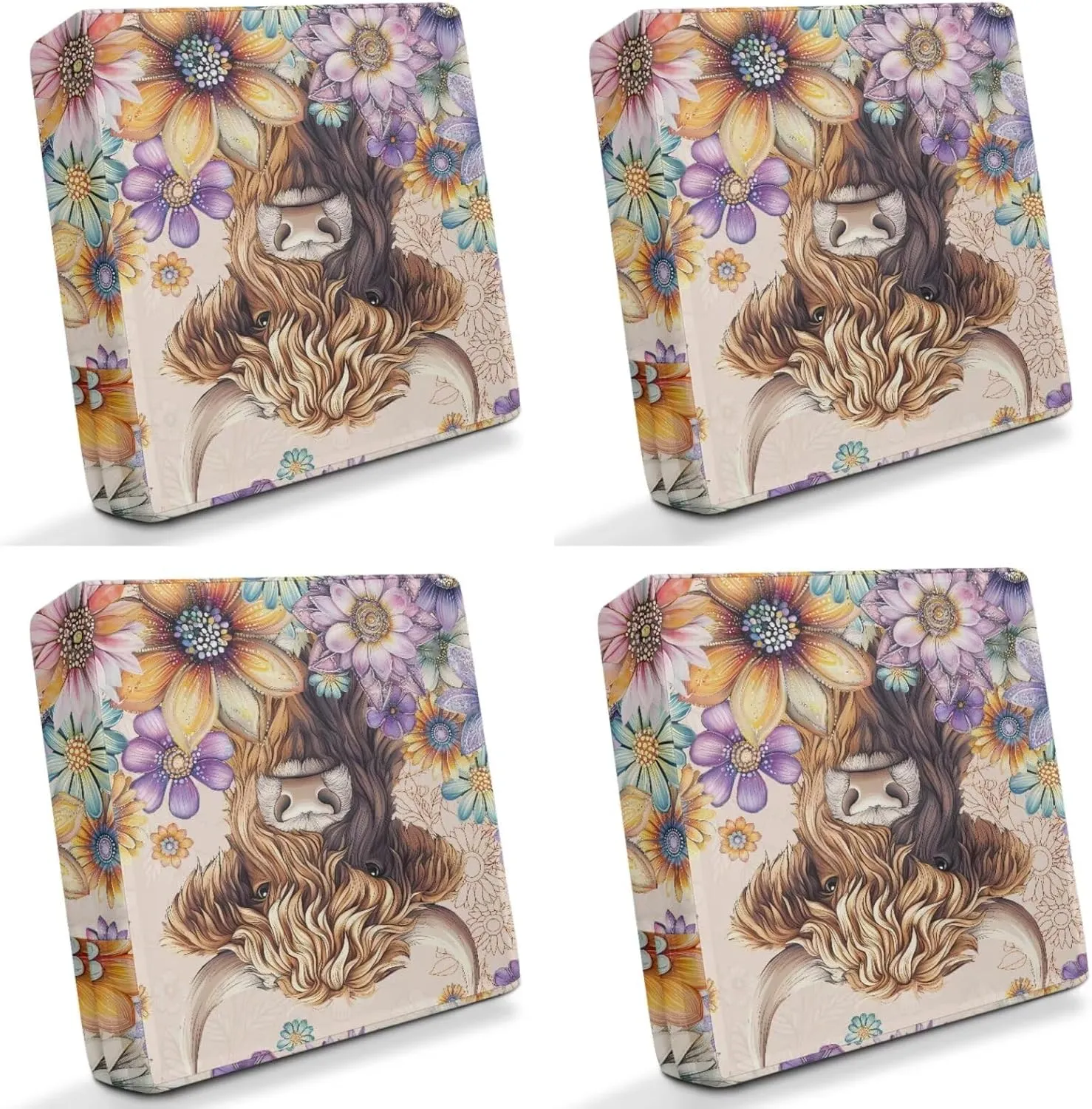GLENLCWE 4 Pcs Outdoor Chair Cushions Boho Floral Blossoms Highland Cow Patio Furniture Outdoor Seat Cushions Slipcovers Fade Resistant Cushions for Outdoor Furniture