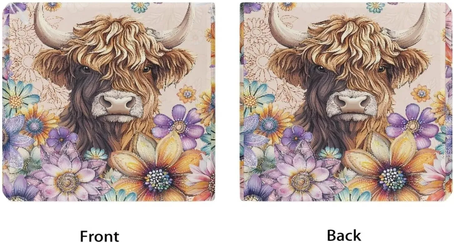 GLENLCWE 4 Pcs Outdoor Chair Cushions Boho Floral Blossoms Highland Cow Patio Furniture Outdoor Seat Cushions Slipcovers Fade Resistant Cushions for Outdoor Furniture