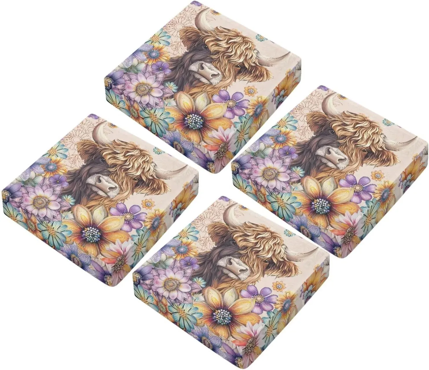 GLENLCWE 4 Pcs Outdoor Chair Cushions Boho Floral Blossoms Highland Cow Patio Furniture Outdoor Seat Cushions Slipcovers Fade Resistant Cushions for Outdoor Furniture