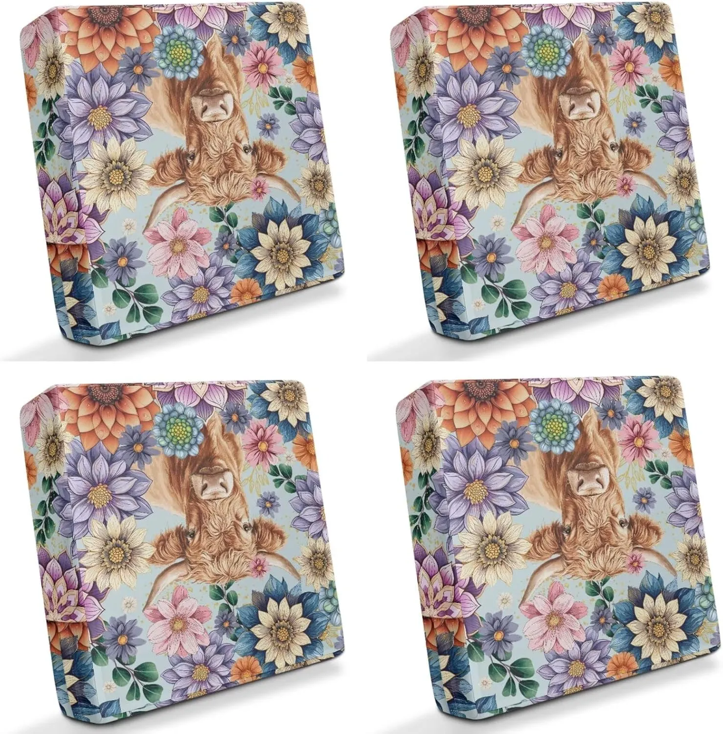 GLENLCWE Boho Floral Blossoms Cow Outdoor Chair Cushions Waterproof Patio Chair Cushions Set of 4 Patio Furniture Cushions with Zipper & Tie