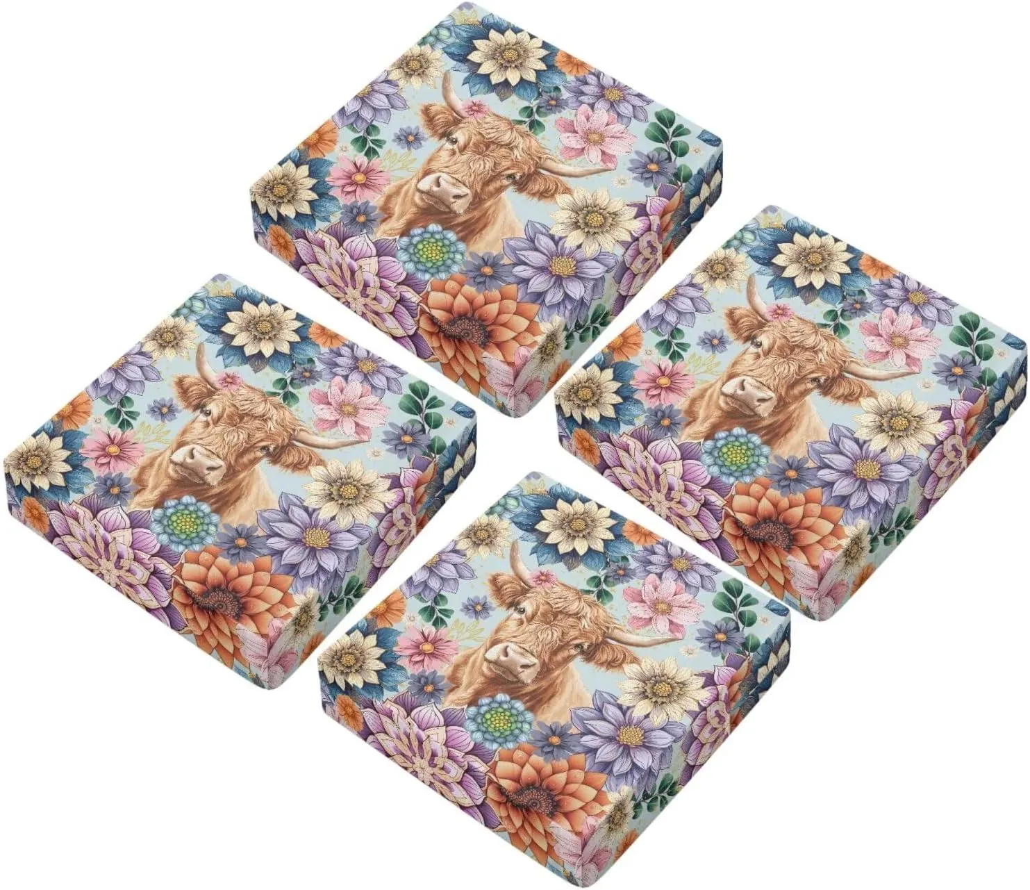 GLENLCWE Boho Floral Blossoms Cow Outdoor Chair Cushions Waterproof Patio Chair Cushions Set of 4 Patio Furniture Cushions with Zipper & Tie