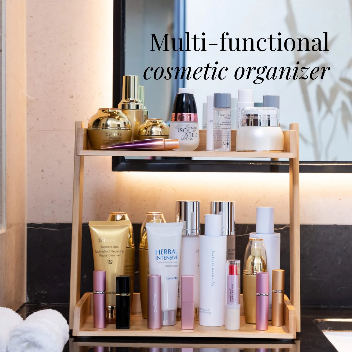 GOBAM Bamboo Makeup & Countertop Organizer, Small - 2 Layer Cosmetics, Lipsticks, Jewelry, Brushes, Hair Accessories & Perfume Organizer for Dresser, Easy Assembly - Natural