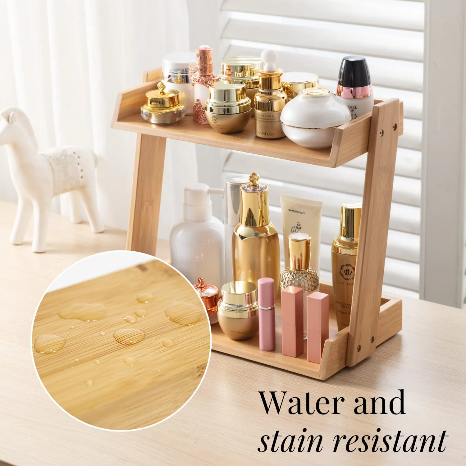 GOBAM Bamboo Makeup & Countertop Organizer, Small - 2 Layer Cosmetics, Lipsticks, Jewelry, Brushes, Hair Accessories & Perfume Organizer for Dresser, Easy Assembly - Natural