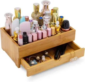 GOBAM Bamboo Makeup Organizer and Storage with Drawer, Wooden Cosmetic Organizer Countertop for Bathroom, Bedroom, Kitchen & Dresser, Desk Organizer with Drawers and Make up Vanity Station - Medium