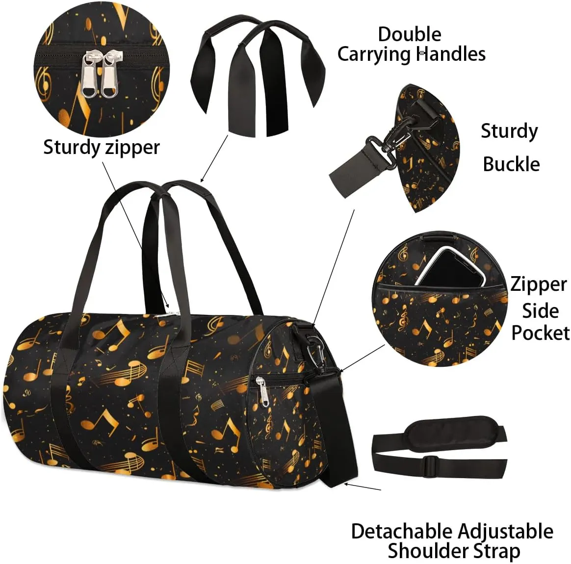 Gold Music Notes Travel Duffle Bag Gym Bag for Women Men Lightweight Carry on Duffel Bag for Sports Gyms Weekend Getaway