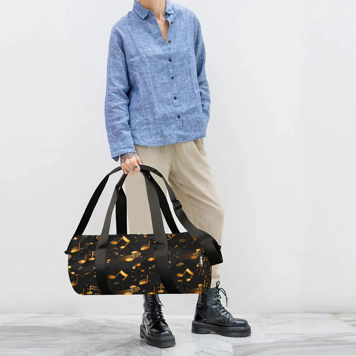 Gold Music Notes Travel Duffle Bag Gym Bag for Women Men Lightweight Carry on Duffel Bag for Sports Gyms Weekend Getaway