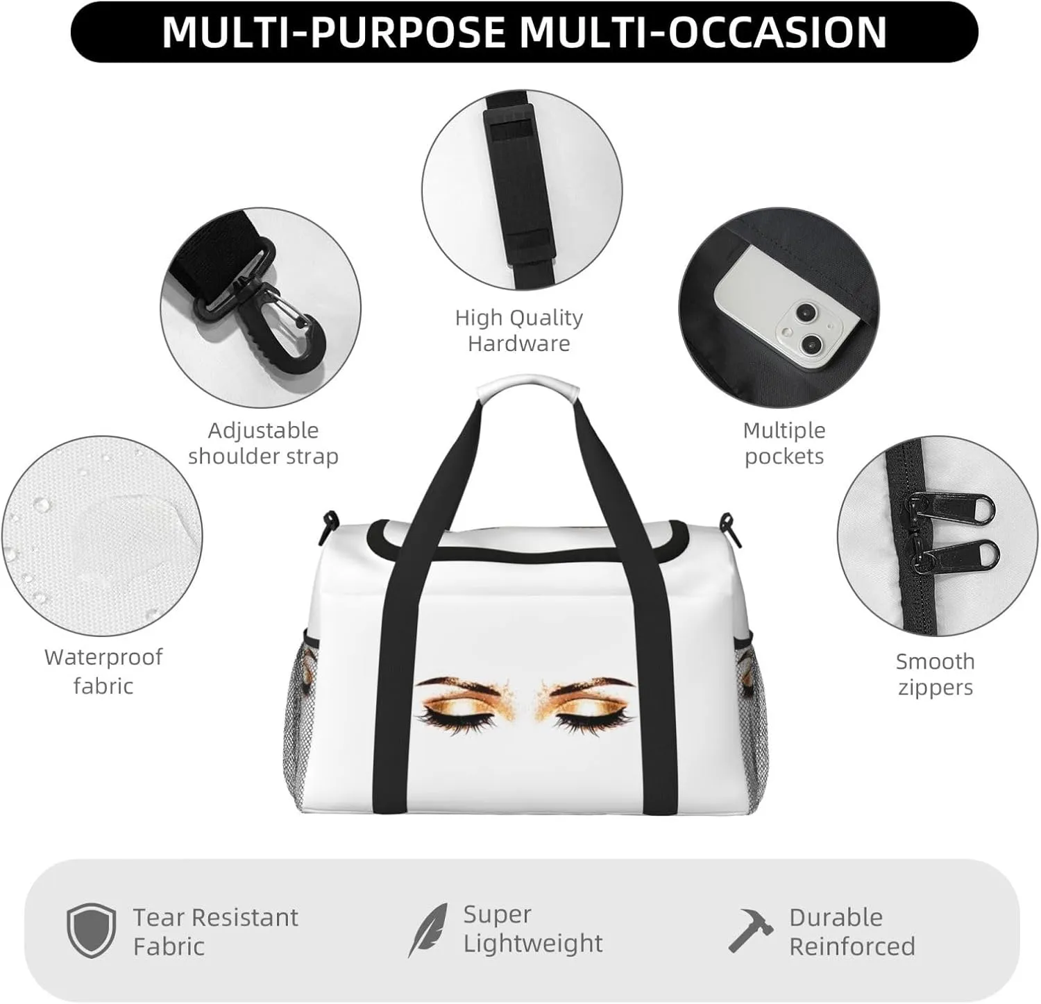 Golden Big Capacity Sports Gym Bag Portable Travel Duffle Bag, Women Eyelash Lightweight Weekender Workout Bag for Overnight, Unisex