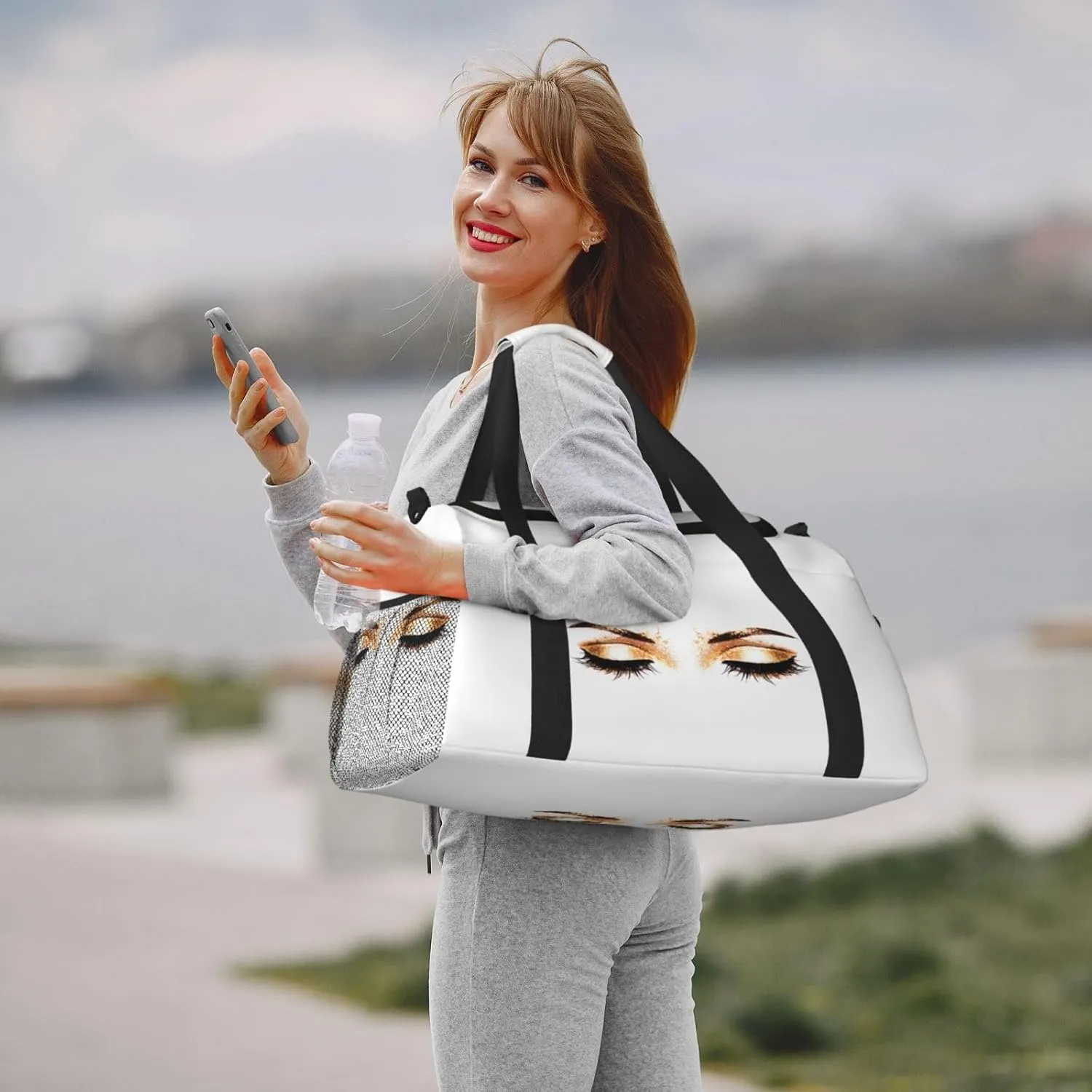 Golden Big Capacity Sports Gym Bag Portable Travel Duffle Bag, Women Eyelash Lightweight Weekender Workout Bag for Overnight, Unisex