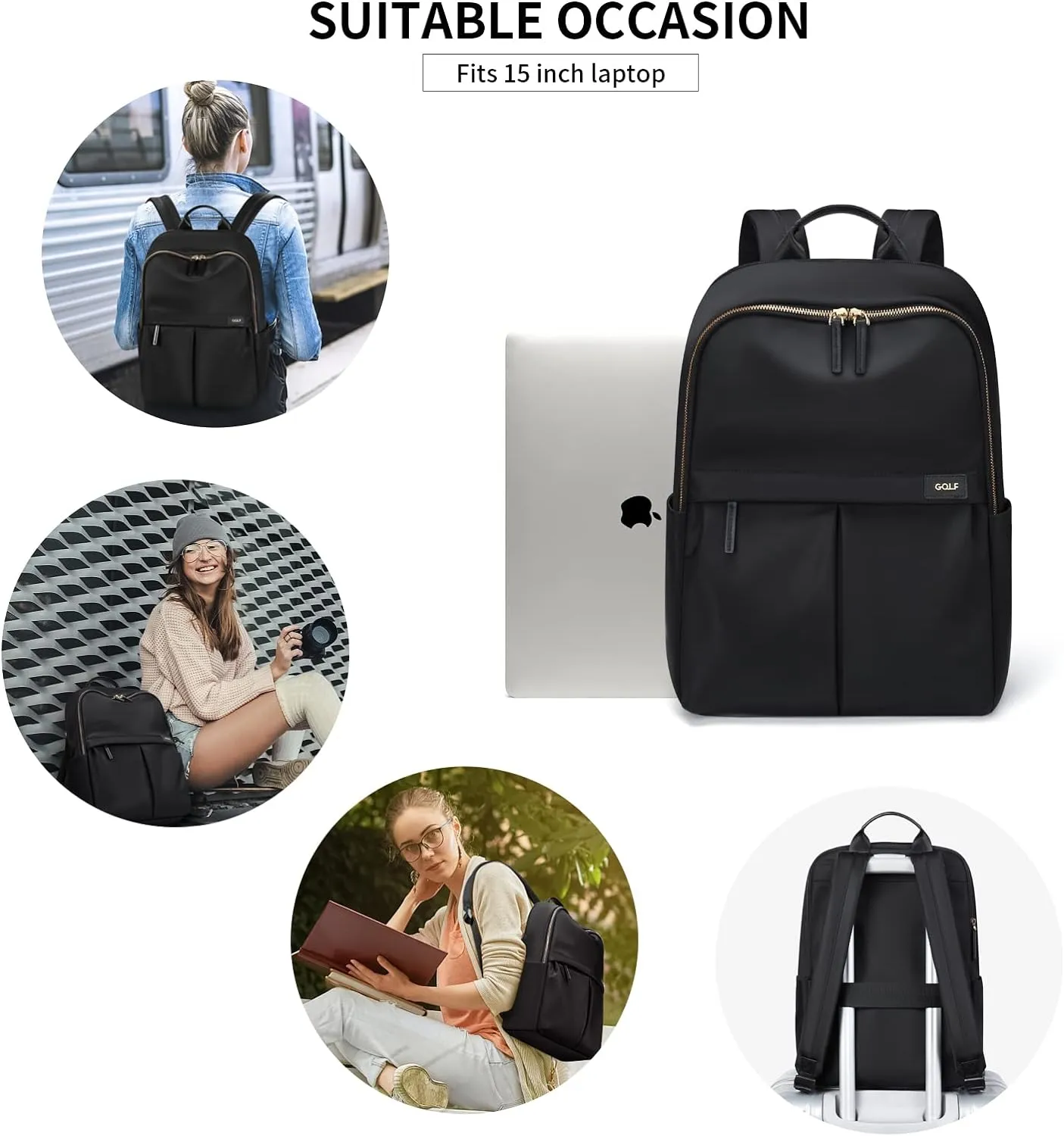 GOLF SUPAGS Laptop Backpack with Separate Laptop Compartment Water Resistant Computer Backpacks Fits 15 Inch Notebook Travel Work Bags for Women (Black)