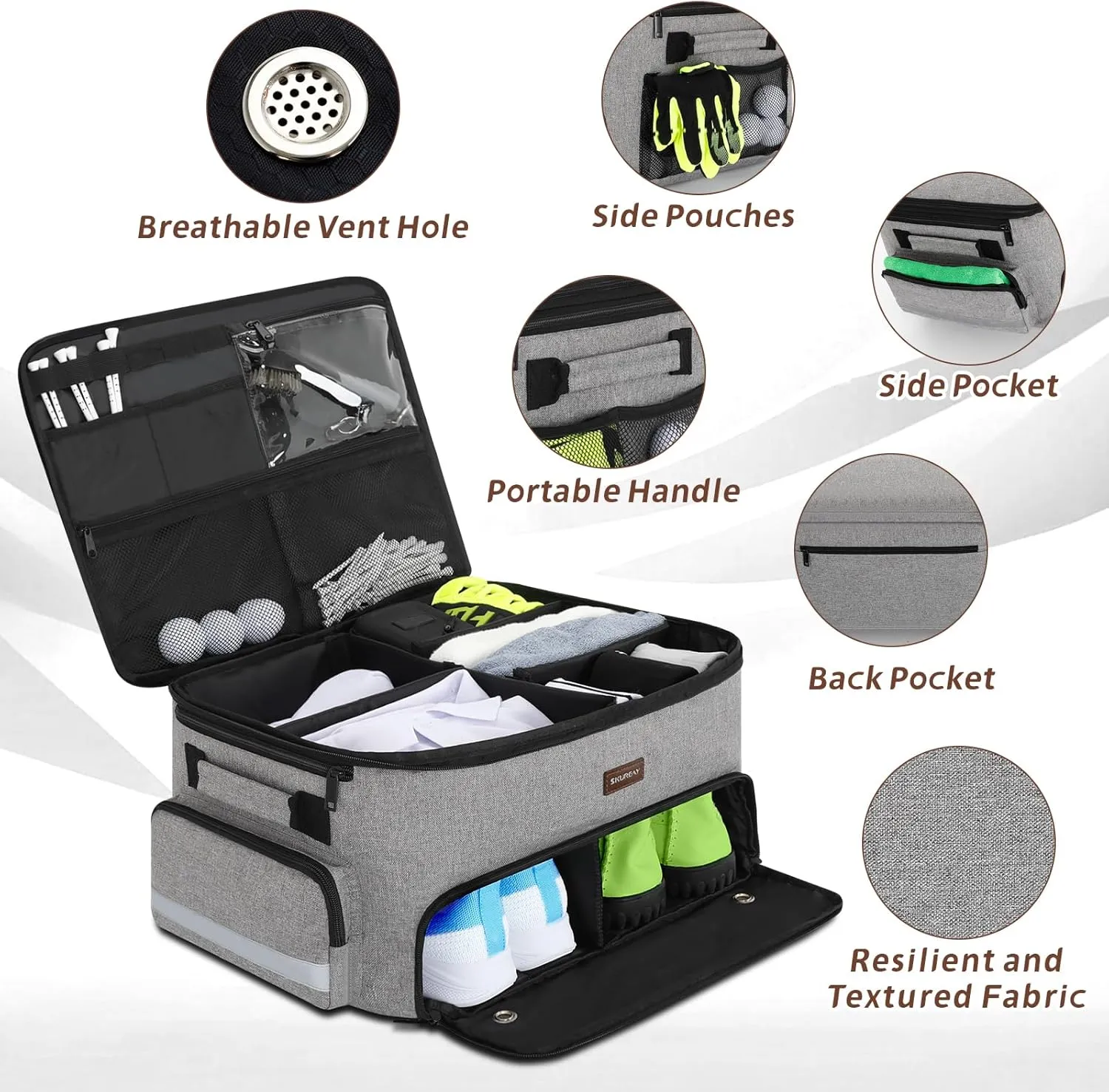 Golf Trunk Car Locker Organizer, Skureay Multi Compartments 2 Layer Car Storage Organizer With Separate Ventilated Shoe Compartment Reflective Strip, To Store Golf Accessories For Men Women (Grey)