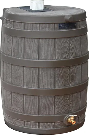Good Ideas Rain Wizard 50 Gallon Plastic Rain Barrel for Outdoor Rainwater Collection and Storage Features a Metal Spigot and Flat Back Design, Oak