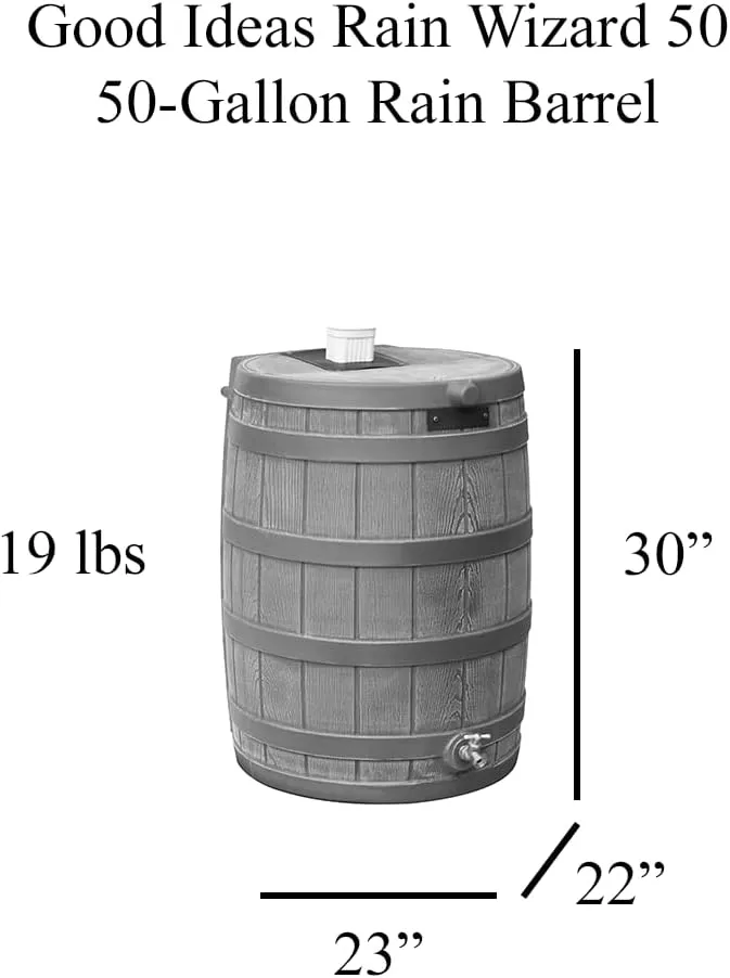 Good Ideas Rain Wizard 50 Gallon Plastic Rain Barrel for Outdoor Rainwater Collection and Storage Features a Metal Spigot and Flat Back Design, Oak