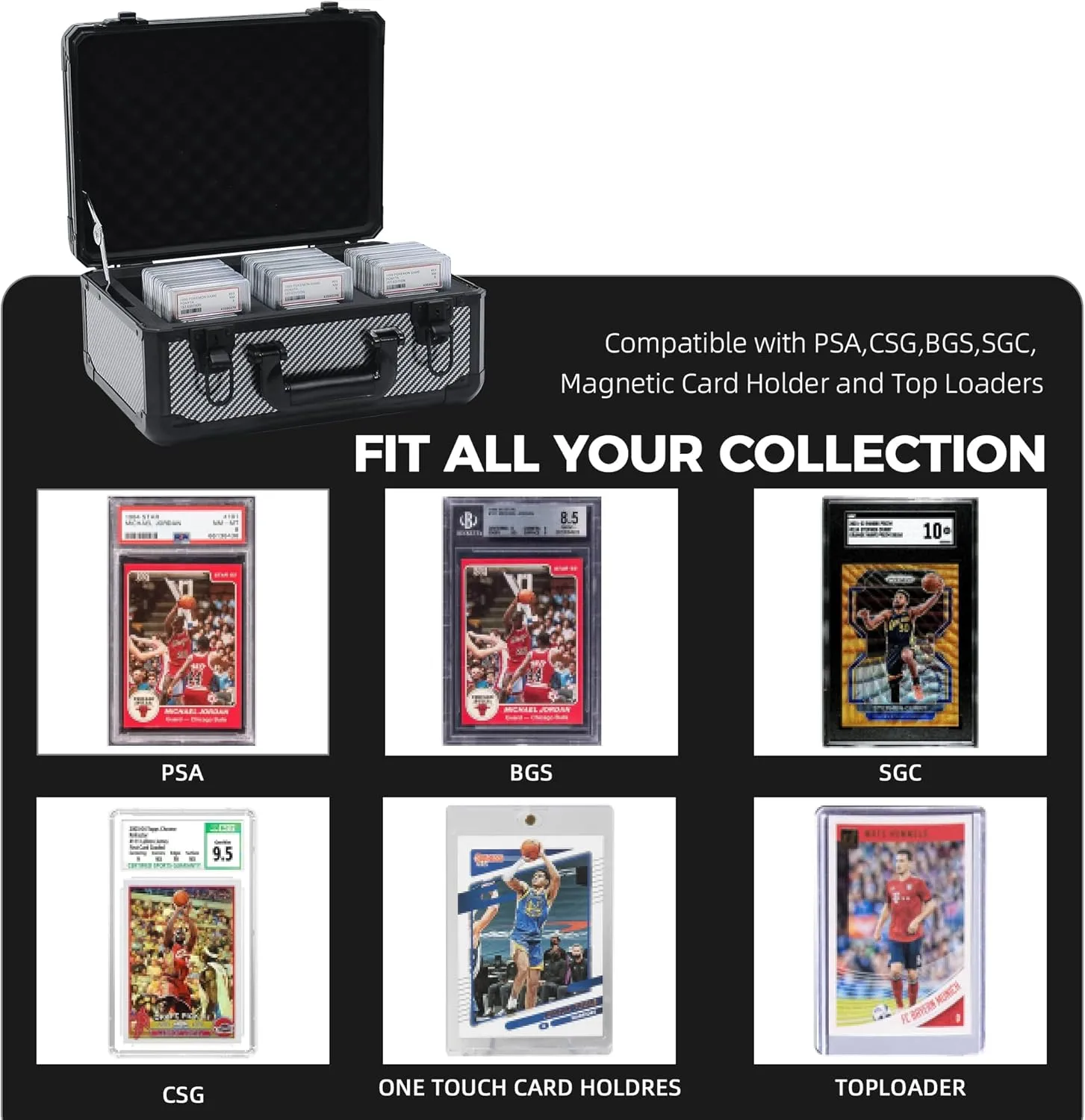 Graded Card Storage Box; Durable Sports, PSA and Pokemon Storage Case- Trading Card Storage Box - PSA Slab Case For Top Loaders (CARBON FIBER, 14.17x11.2x7 inches)
