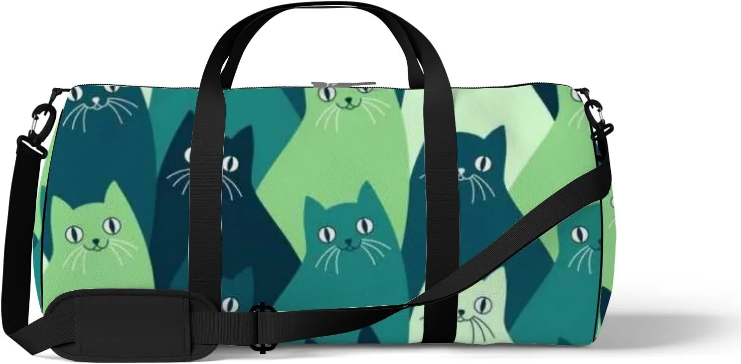 Green Cute Kawaii Cat Sports Bag Tote Bag Waterproof Gym Bag with Shoulder Strap Zipper 2 Side Pockets for Men and Women, Travel and Storage Shoulder Bag.
