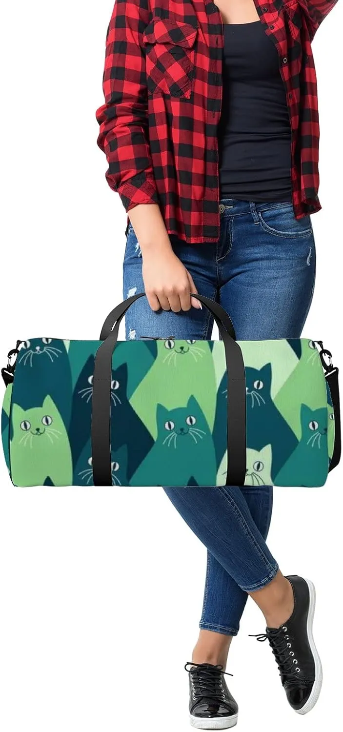 Green Cute Kawaii Cat Sports Bag Tote Bag Waterproof Gym Bag with Shoulder Strap Zipper 2 Side Pockets for Men and Women, Travel and Storage Shoulder Bag.