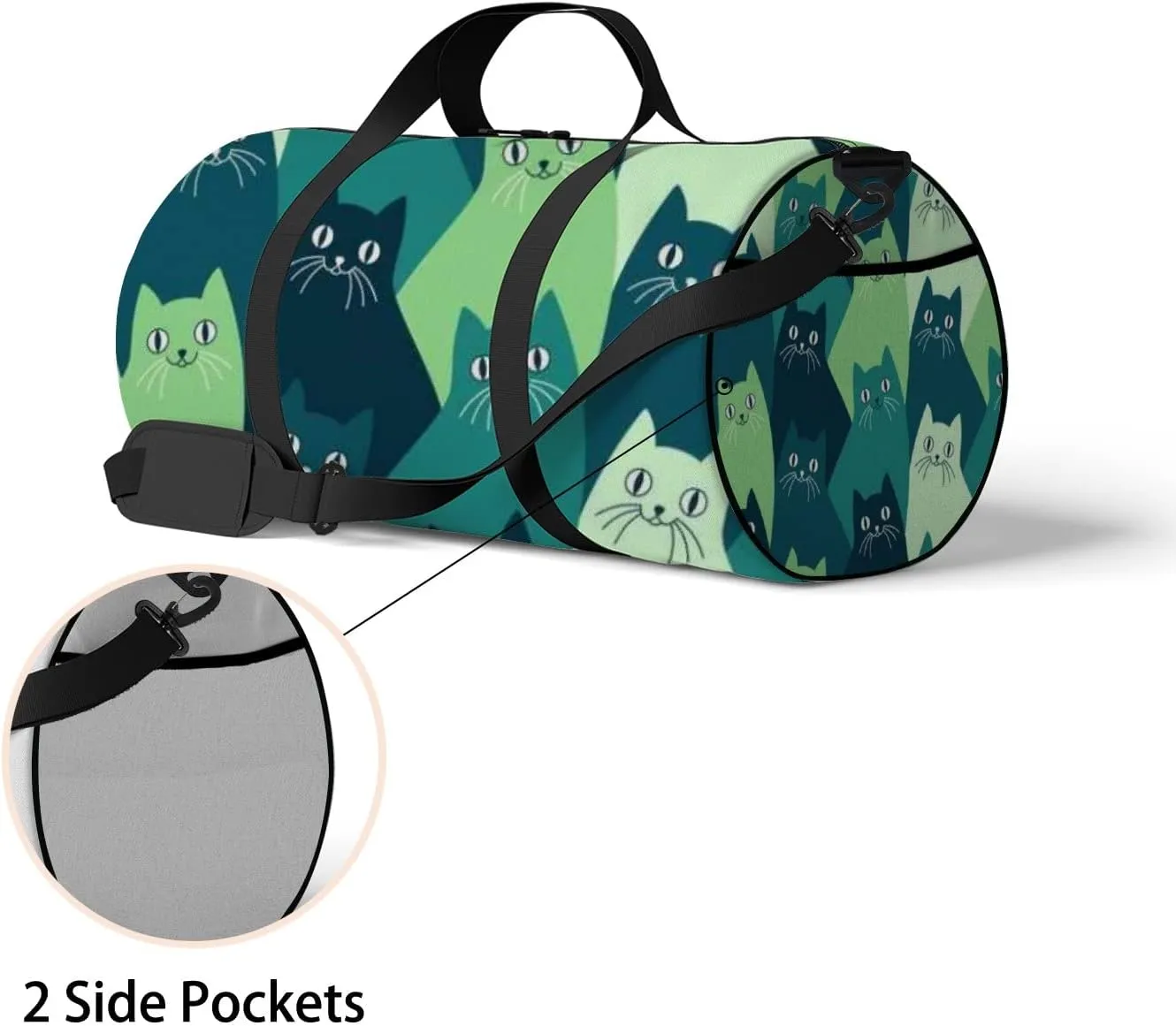 Green Cute Kawaii Cat Sports Bag Tote Bag Waterproof Gym Bag with Shoulder Strap Zipper 2 Side Pockets for Men and Women, Travel and Storage Shoulder Bag.