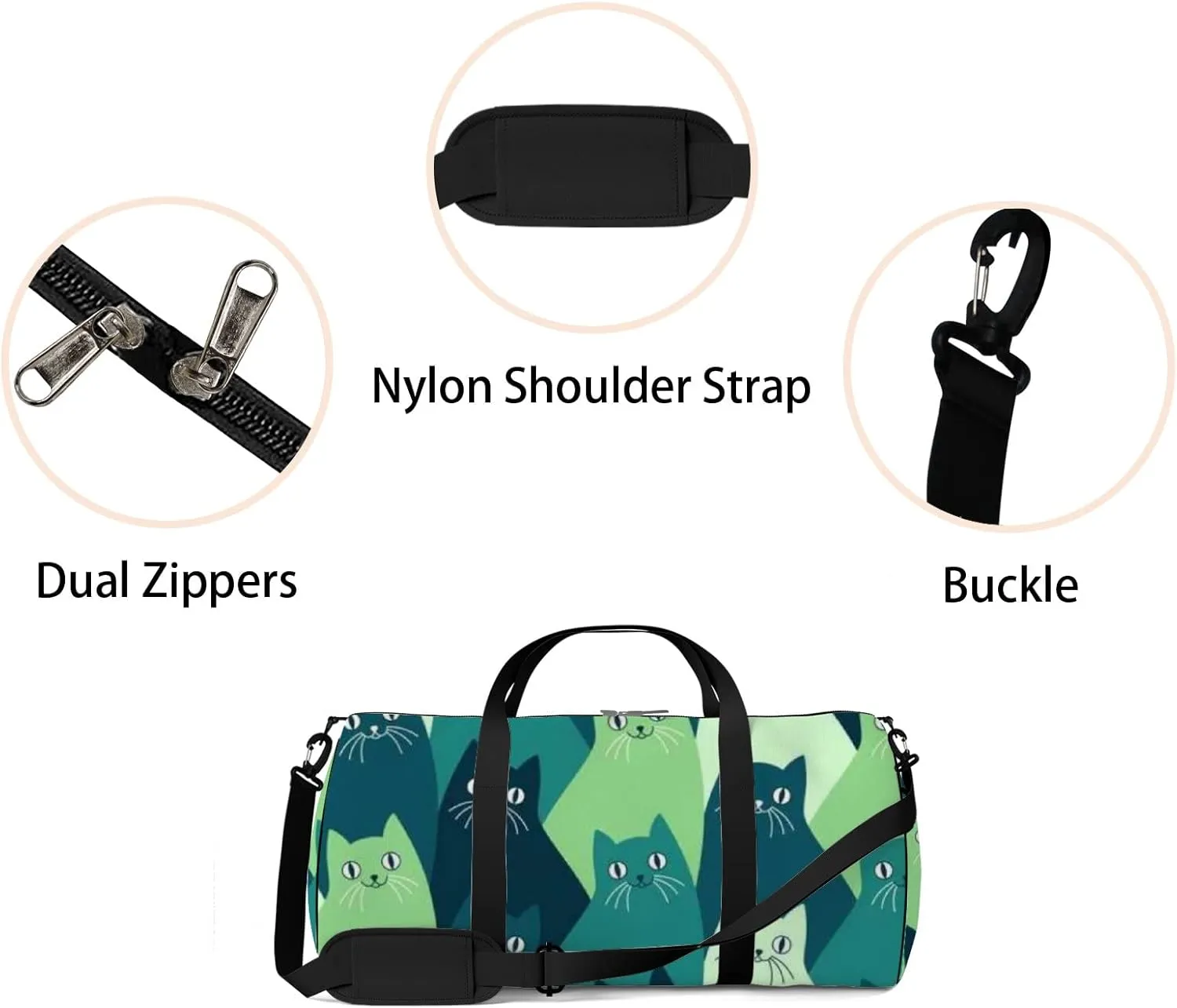 Green Cute Kawaii Cat Sports Bag Tote Bag Waterproof Gym Bag with Shoulder Strap Zipper 2 Side Pockets for Men and Women, Travel and Storage Shoulder Bag.