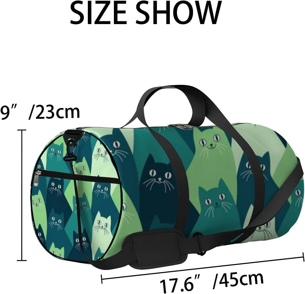 Green Cute Kawaii Cat Sports Bag Tote Bag Waterproof Gym Bag with Shoulder Strap Zipper 2 Side Pockets for Men and Women, Travel and Storage Shoulder Bag.
