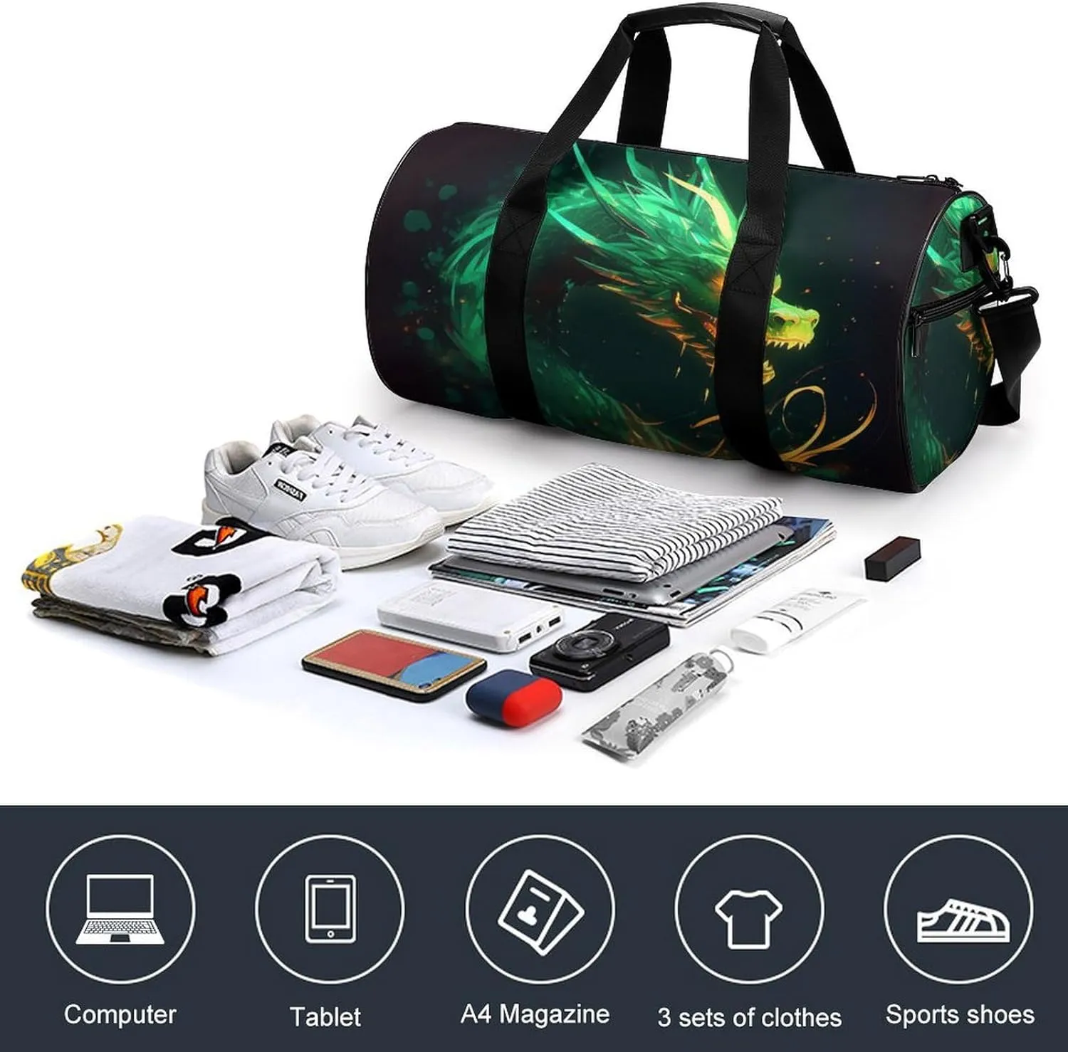 Green Dragon Gym Bag Small Travel Duffle Bag with Compartment Carry On Weekender Bag for Women Men