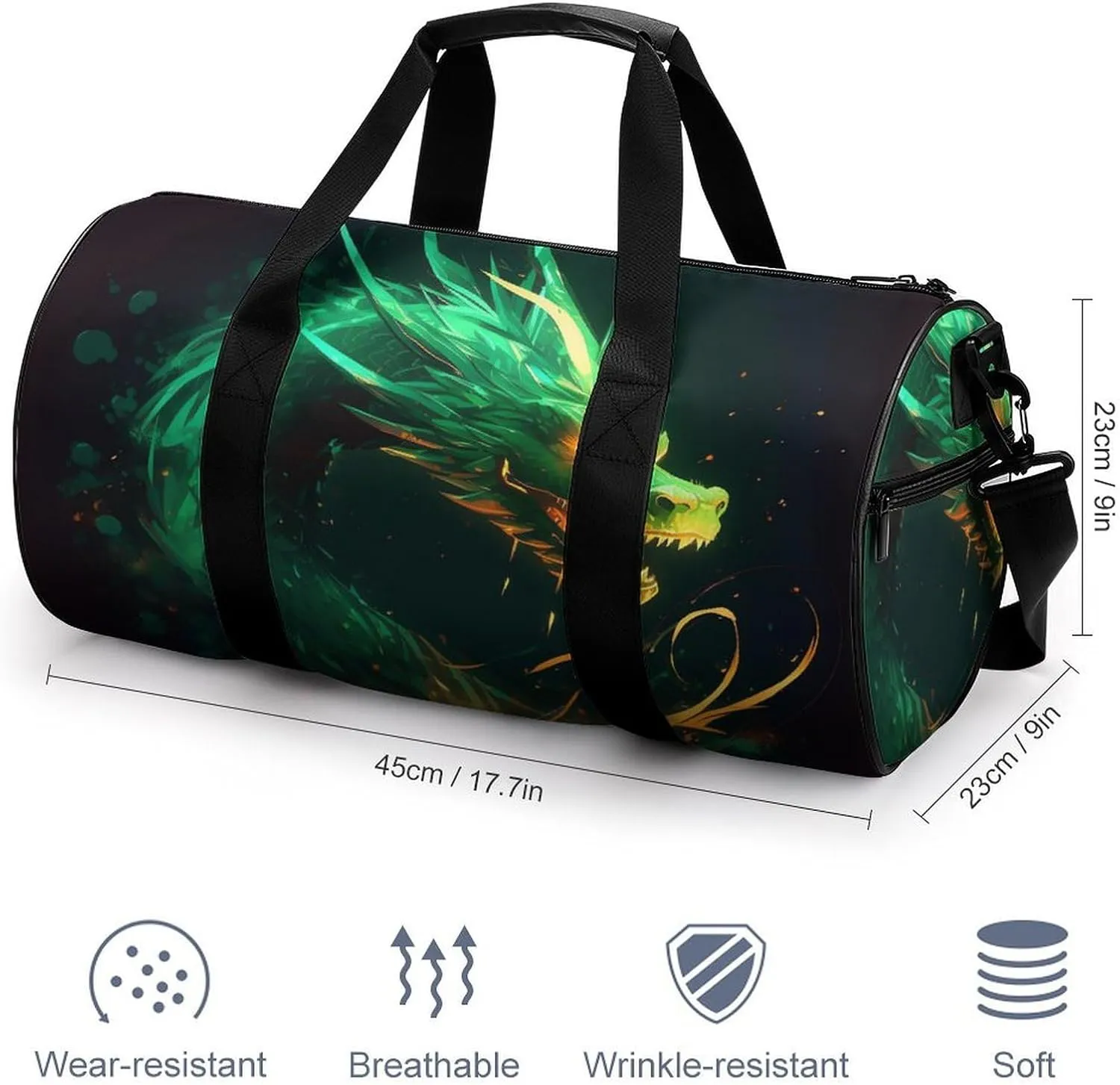 Green Dragon Gym Bag Small Travel Duffle Bag with Compartment Carry On Weekender Bag for Women Men