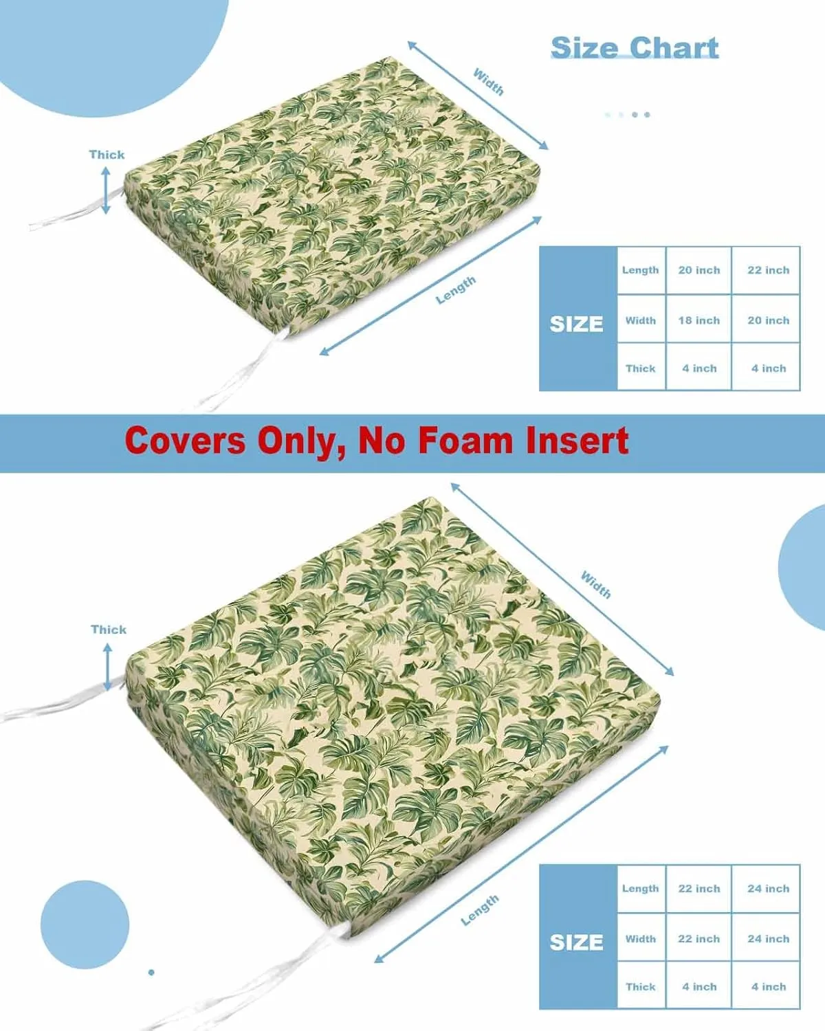 Green Palm Leaf Outdoor Cushion Chair Cover Set of 2 - Waterproof Couch Seat Covers, Watercolor Summer Botanical Patio Furniture Protector Cushions Slipcovers for Sofa/RV, 20"x18"x4"