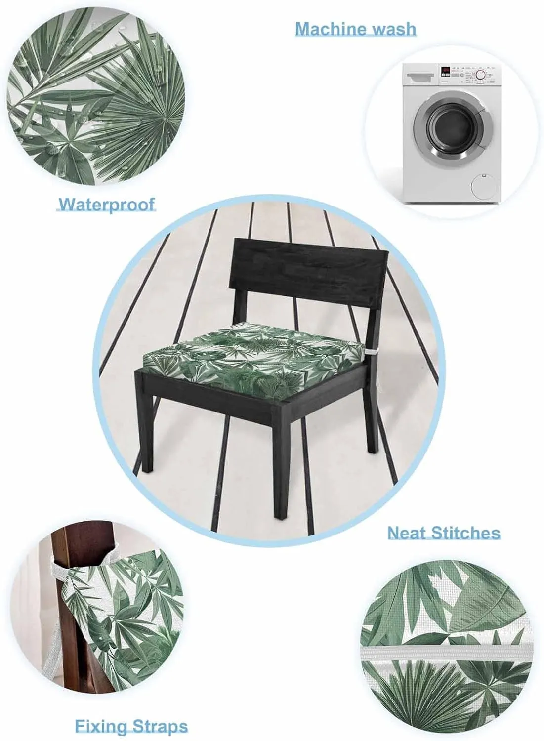Green Palm Trees Outdoor Cushion Chair Cover Set of 2 - Waterproof Couch Seat Covers, Summer Botanical Watercolor Leaves Patio Furniture Protector Cushions Slipcovers for Sofa/RV, 24"x24"x4"
