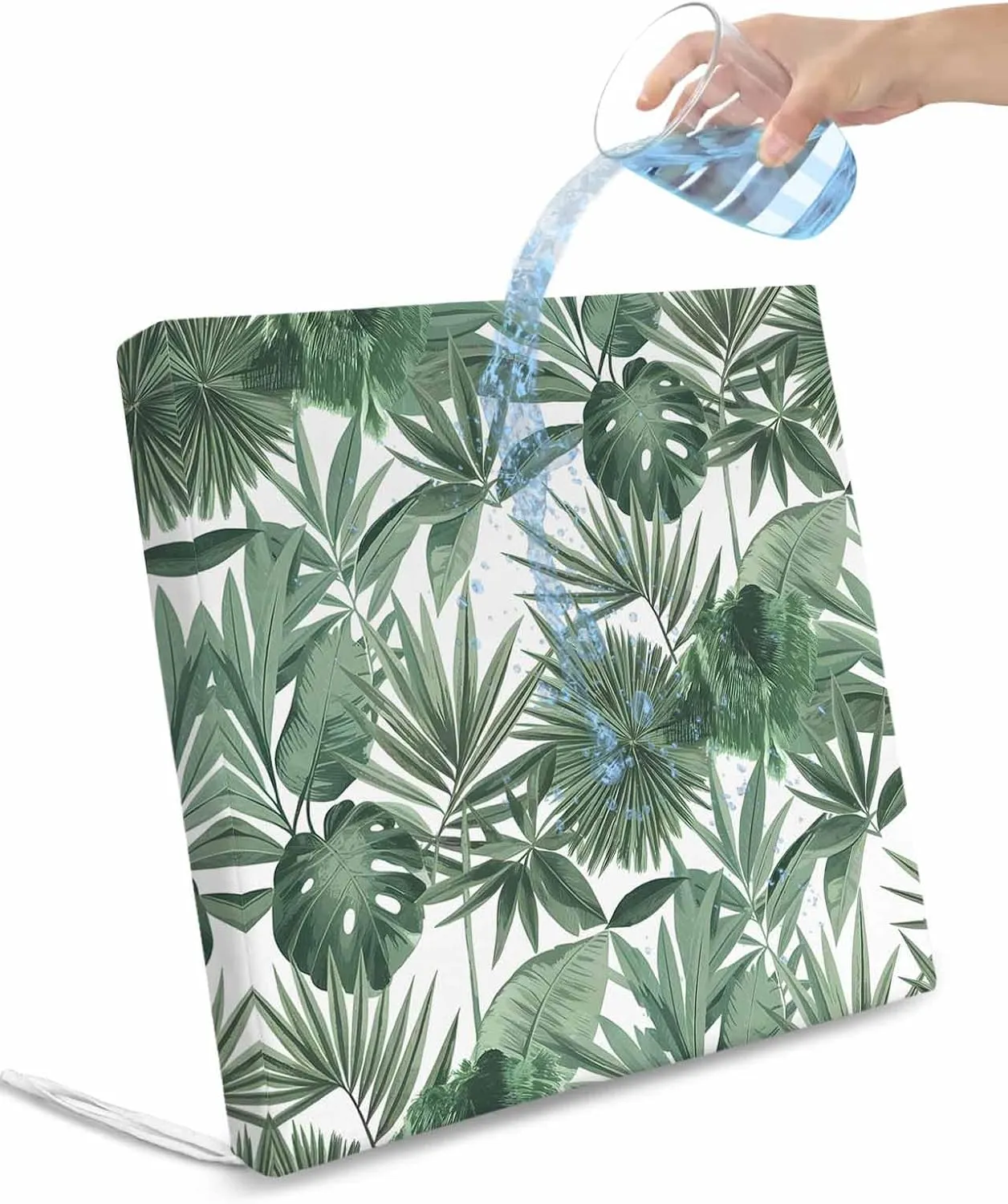 Green Palm Trees Outdoor Cushion Chair Cover Set of 2 - Waterproof Couch Seat Covers, Summer Botanical Watercolor Leaves Patio Furniture Protector Cushions Slipcovers for Sofa/RV, 24"x24"x4"