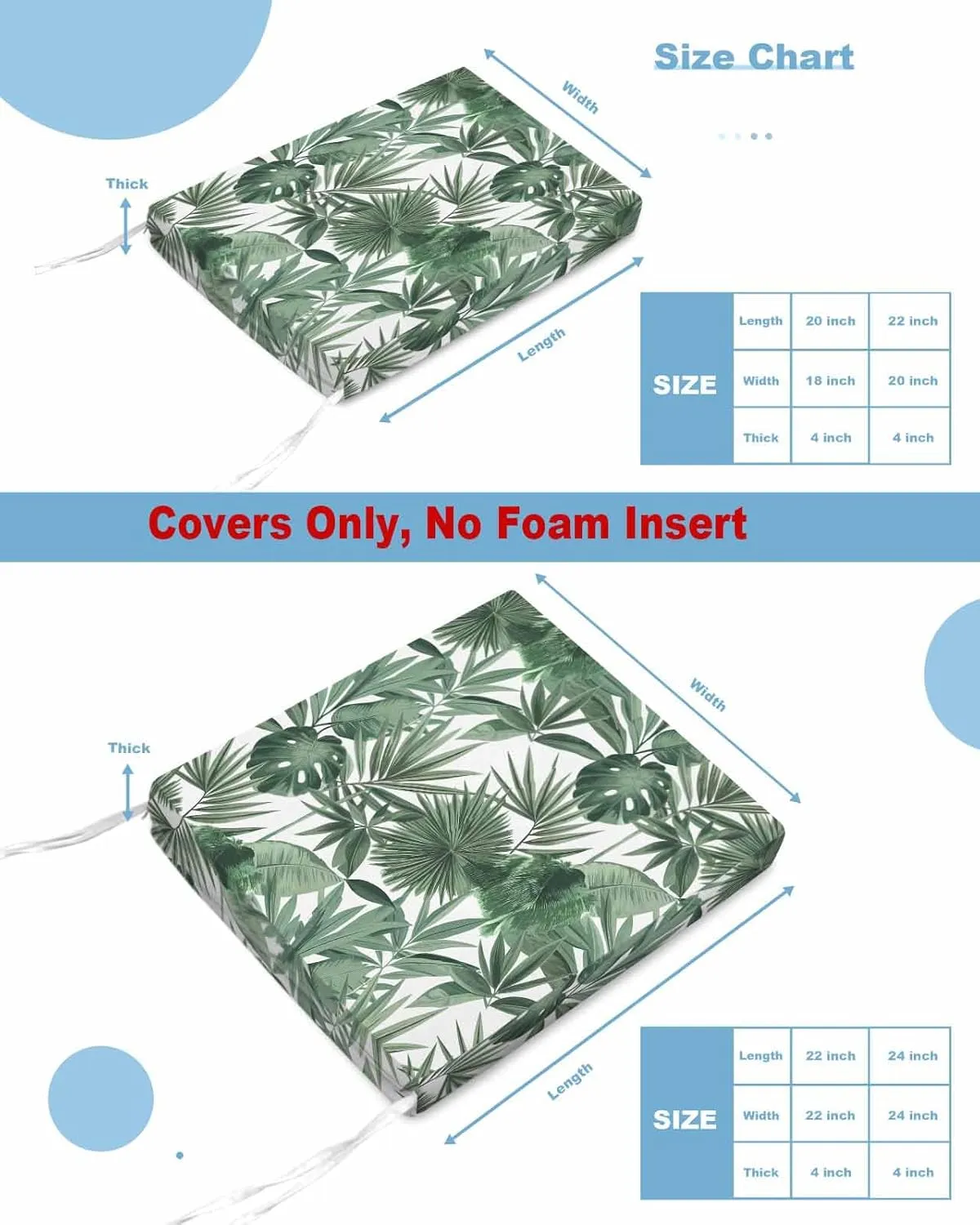 Green Palm Trees Outdoor Cushion Chair Cover Set of 2 - Waterproof Couch Seat Covers, Summer Botanical Watercolor Leaves Patio Furniture Protector Cushions Slipcovers for Sofa/RV, 24"x24"x4"