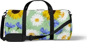 Green Vintage Abstract Cornflowers and Cute Sunflower Sports Bag Tote Bag Waterproof Gym Bag with Shoulder Strap Zipper 2 Side Pockets for Men and Women, Travel and Storage Shoulder Bag.