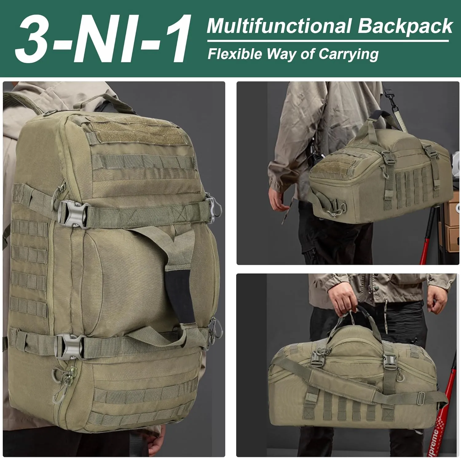 Gym Bag Duffle Bags Backpack Travel Duffle Bag with Weekend Overnight Bag for Outdoor Tactical Sports Travel Camping Hunting (Green, 60L)